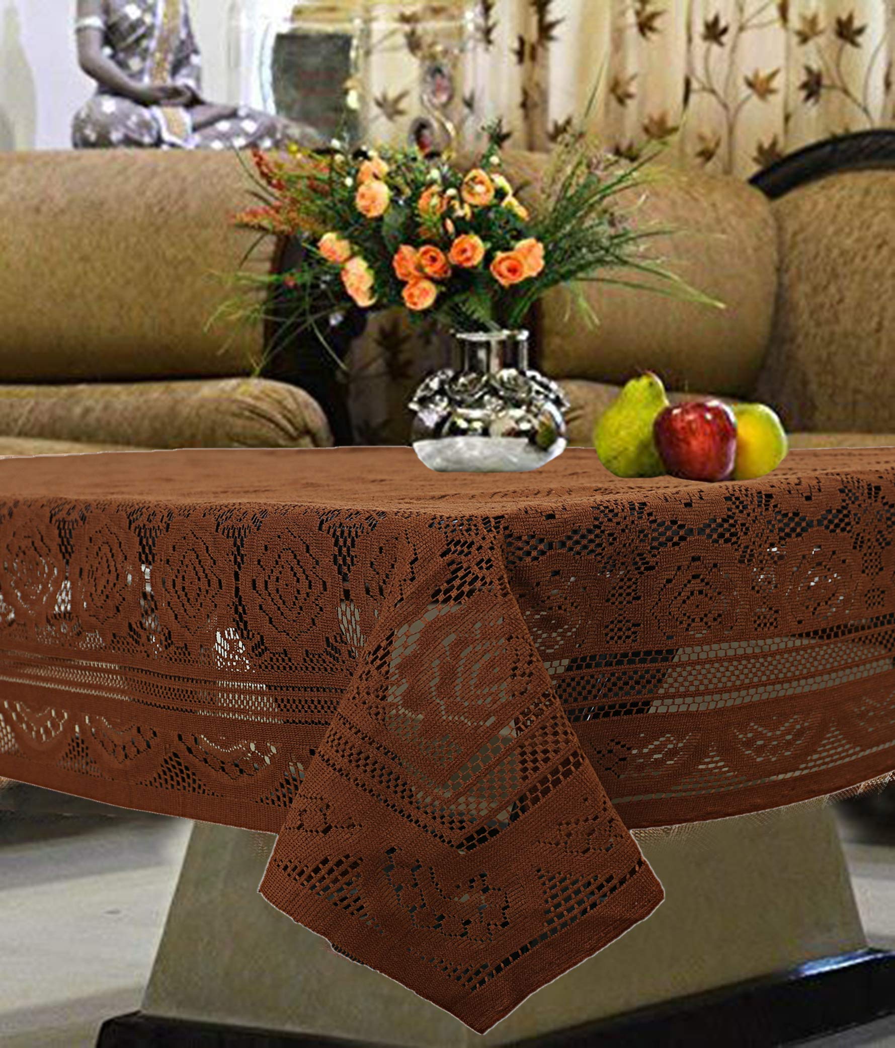 Kuber Industries Circle Design Cotton 4 Seater Center Table Cover - Brown