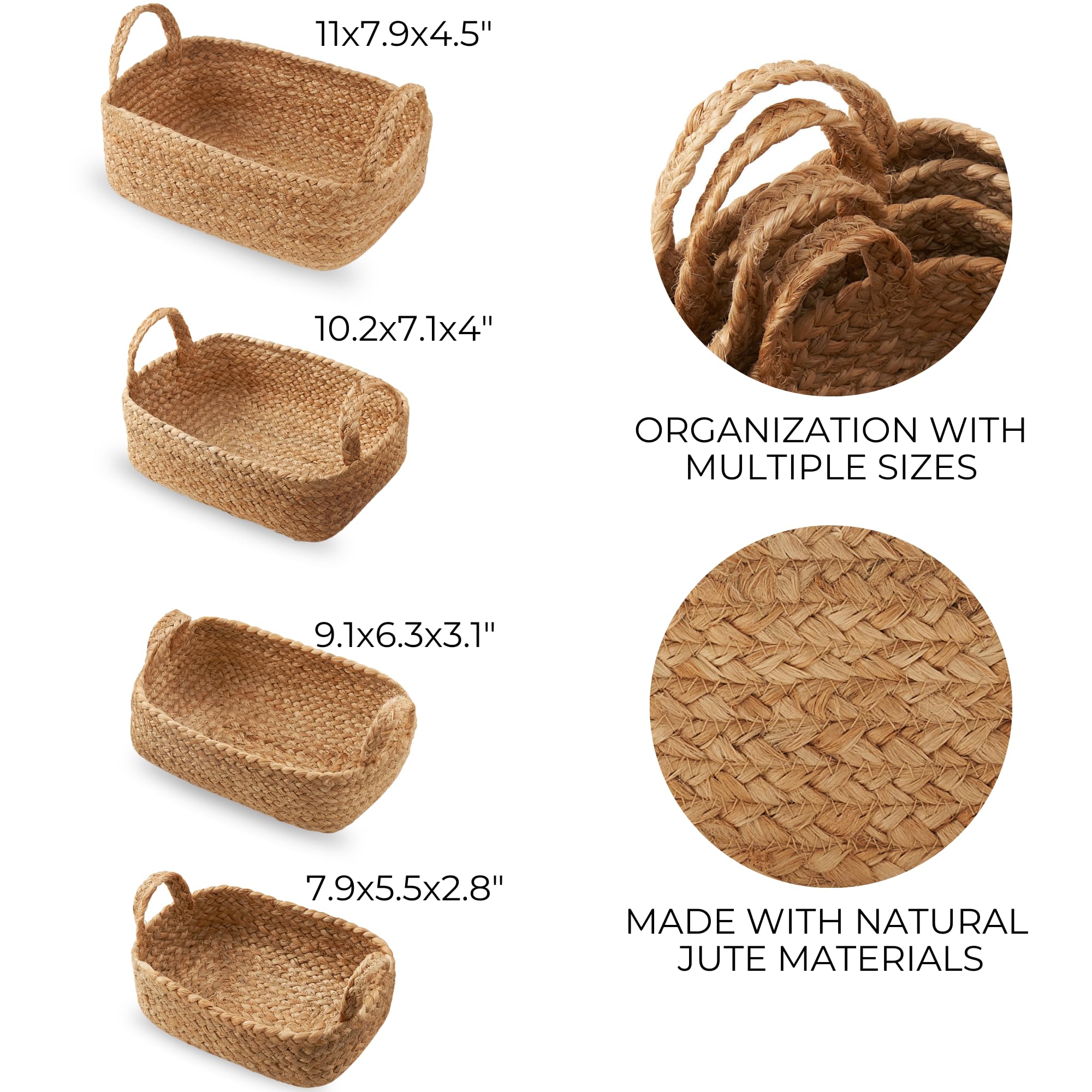 Beautiful Storage Basket Set Of 4 - Natural Jute Rope Baskets For Shelves Are Perfect For Organizing Your Home - Quality Storage