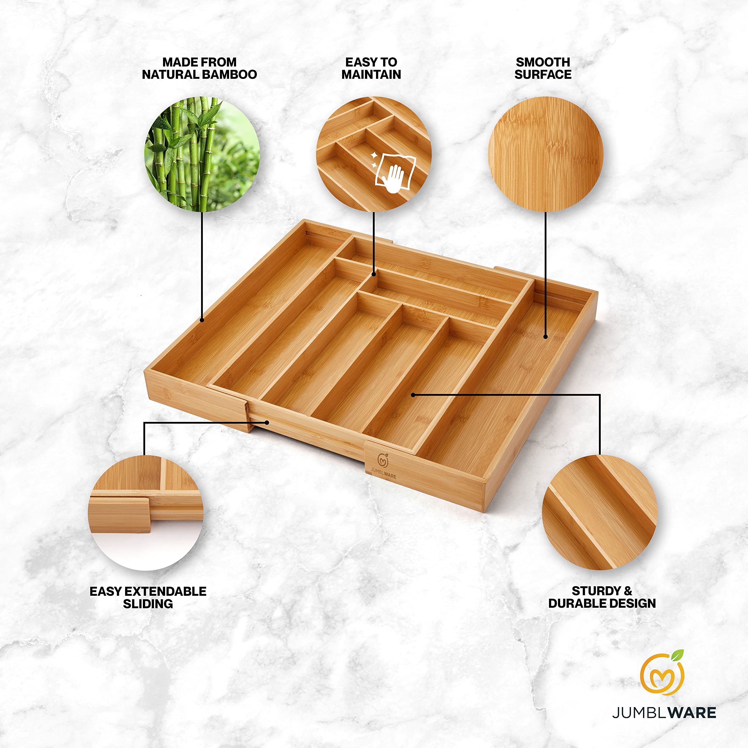 Jumblware Bamboo Expandable Drawer Organizer. Wooden Storage Tray With Dividers For Silverware, Kitchen Utensils, Spices, K Cups