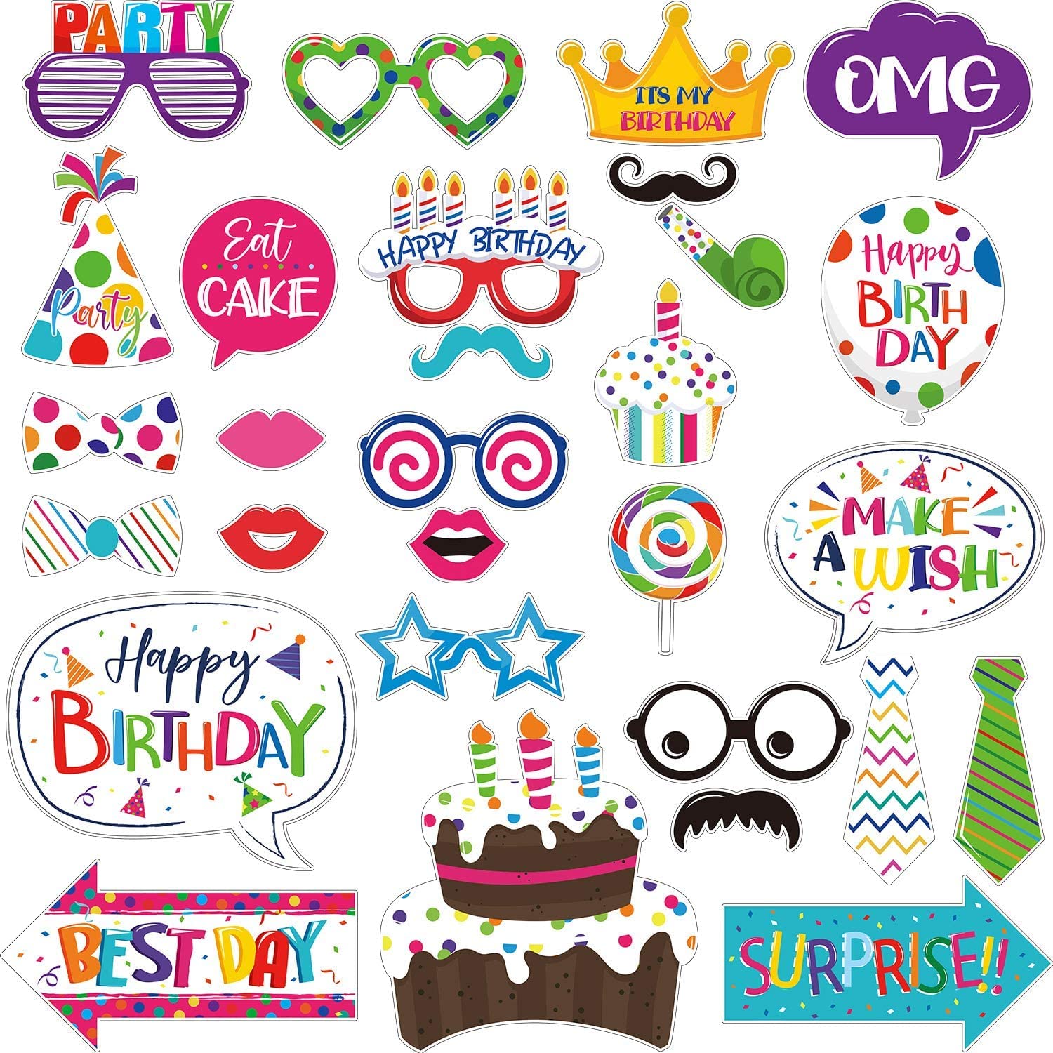Zyozique 29 Pieces Birthday Photo Booth Props Kit Colorful Funny Kids Birthday Theme Celebration Decorations
