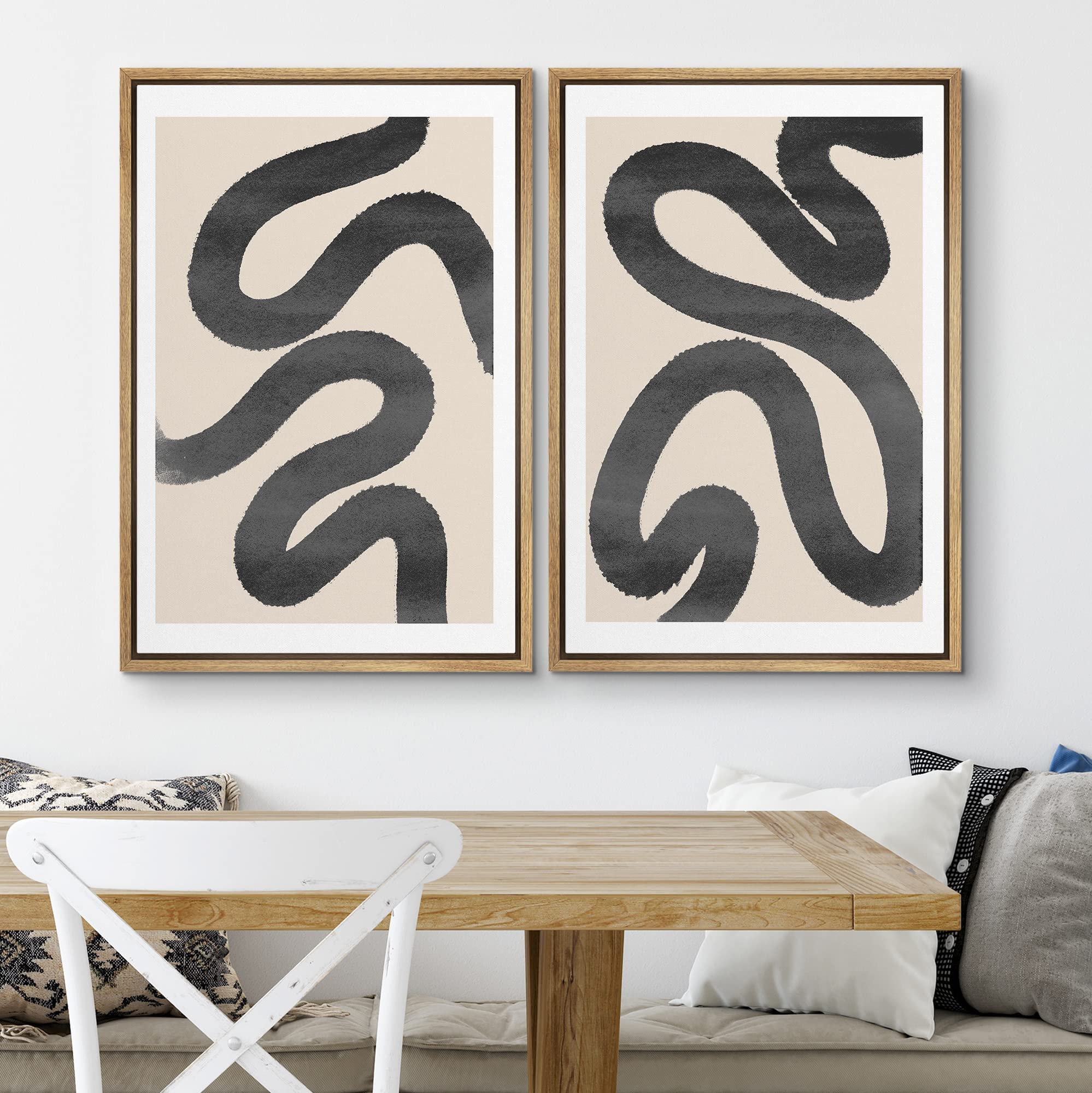 SIGNWIN Framed Wall Art Print Set Black Squiggly Lines Over Tan Background Abstract Swirly Digital Art Modern Art Mid-Century Modern Expressive for Living Room  Bedroom  Office - 24''x36''x2 Panels