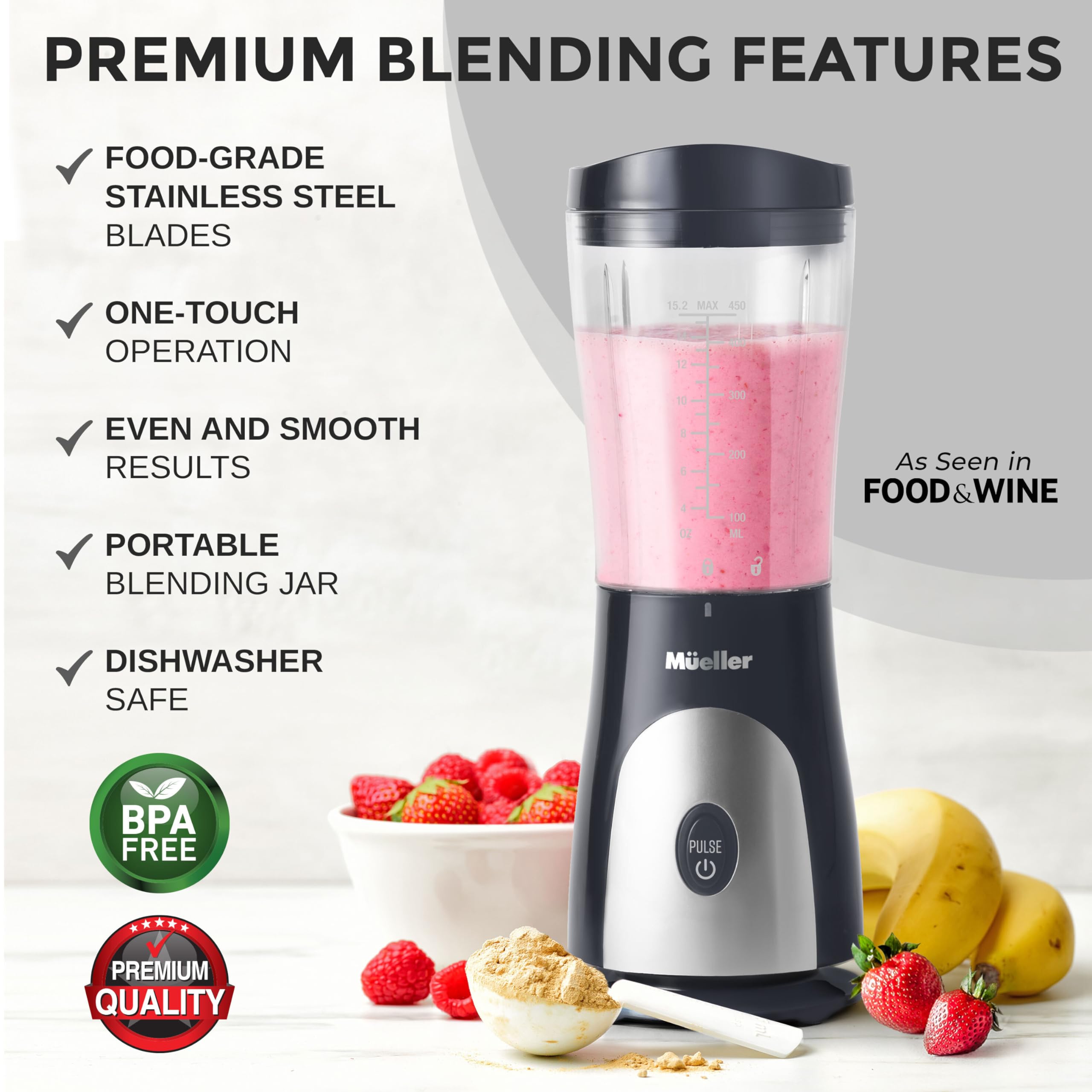 Mueller Personal Blender For Shakes And Smoothies With 15 Oz Travel Cup And Lid, Juices, Baby Food, Heavy-Duty Portable Blender