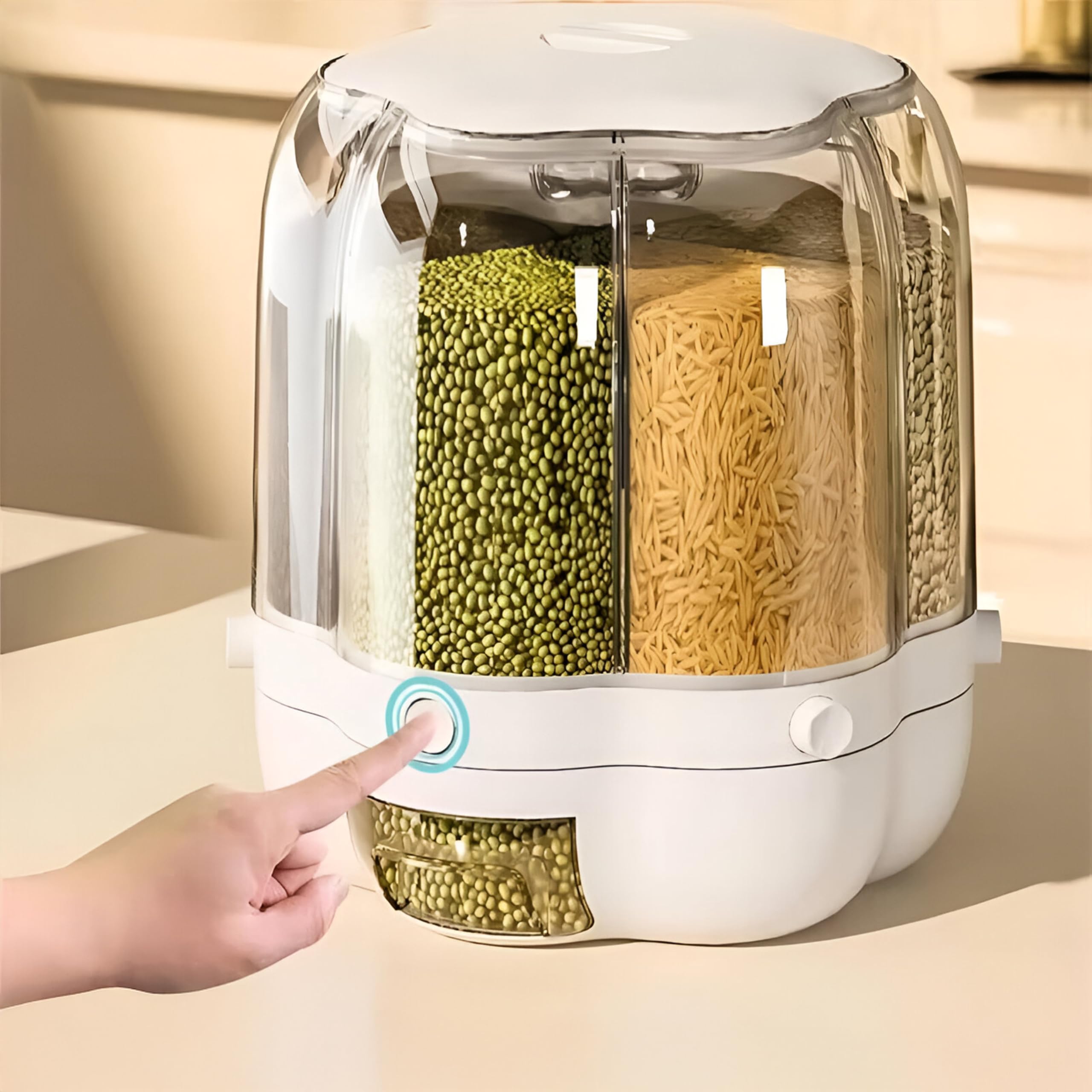 Prime Pick Grocery Organiser 360 Rotating With 6 Grid Dispenser For Rice, Pulses, Cereal, And Beans With Lid Moisture Resistant,