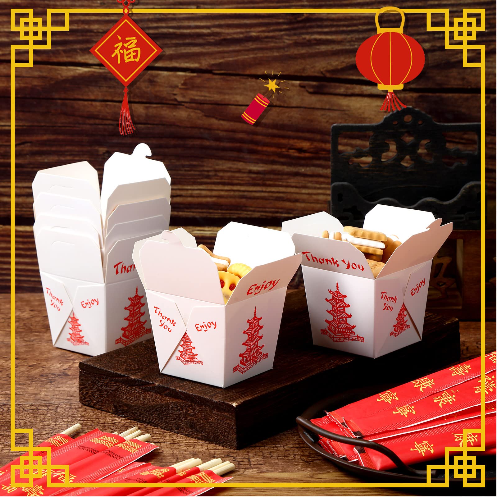 50 Sets 16 oz Chinese Take out Boxes with Chopsticks  Pagoda Paper Food Containers with Sleeved and Separated Disposable Chopsticks for Asian Party Decorations Favor Birthday Wedding Restaurant