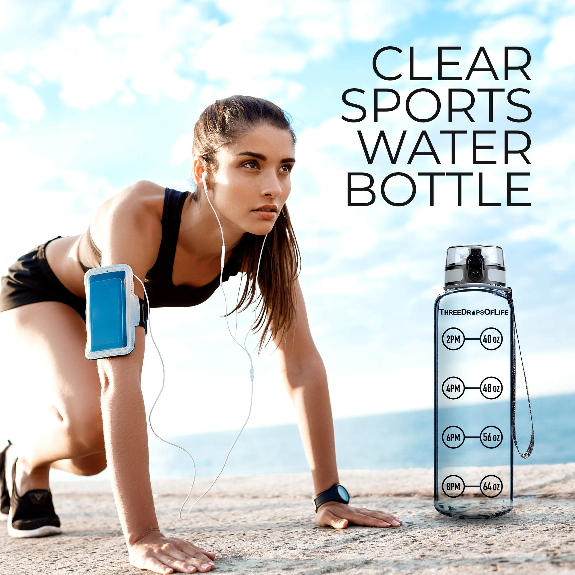 Three Drops Of Life Time Marked Water Bottle, Clear Sports Timed Water Bottle 32 Oz, Best For Measuring Water Intake, Tritan Bpa