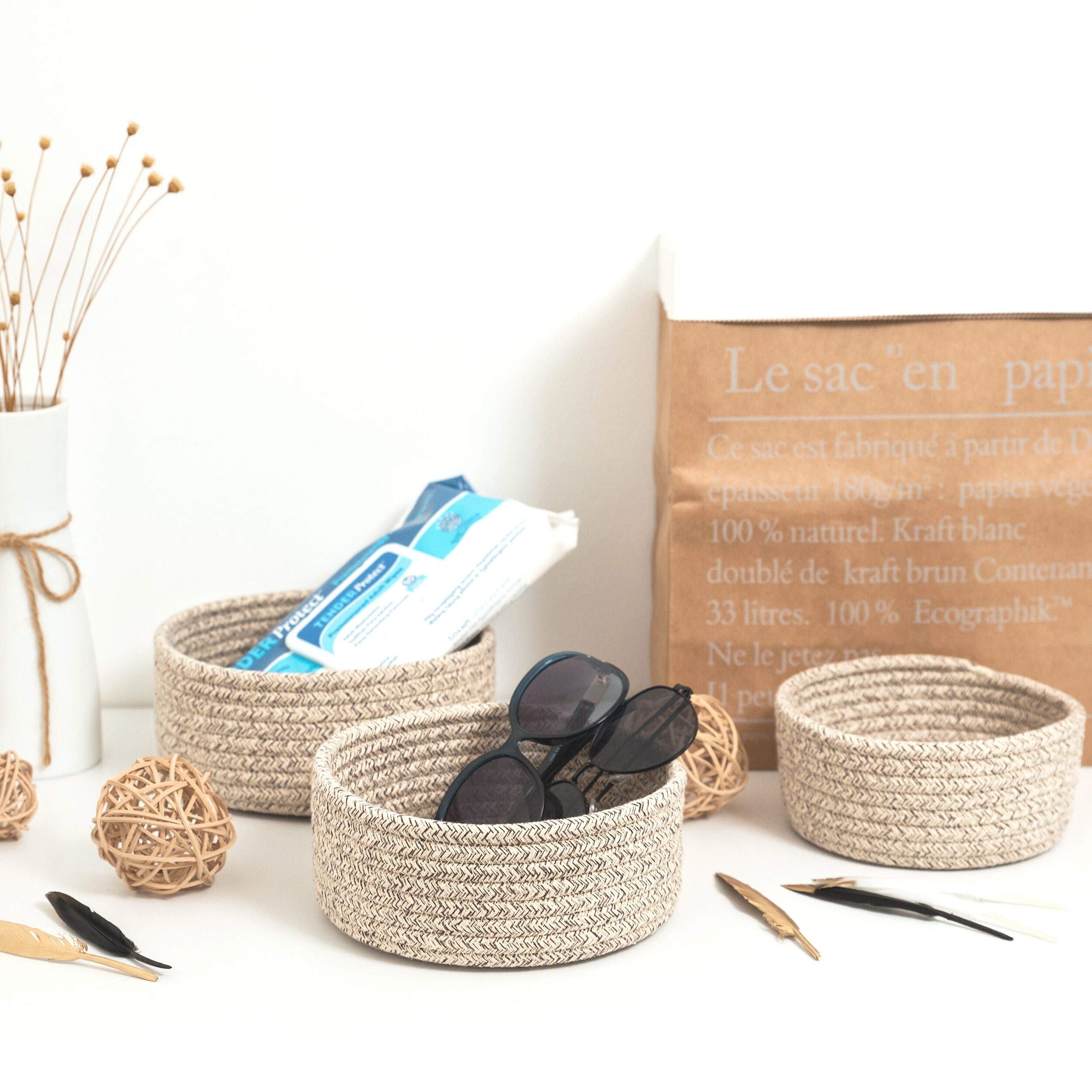 Mintwood Design Set Of 3 Cotton Rope Nesting Bowls, Small Catch All Basket, Cute Closet Baskets And Bins For Shelves, Mini Table