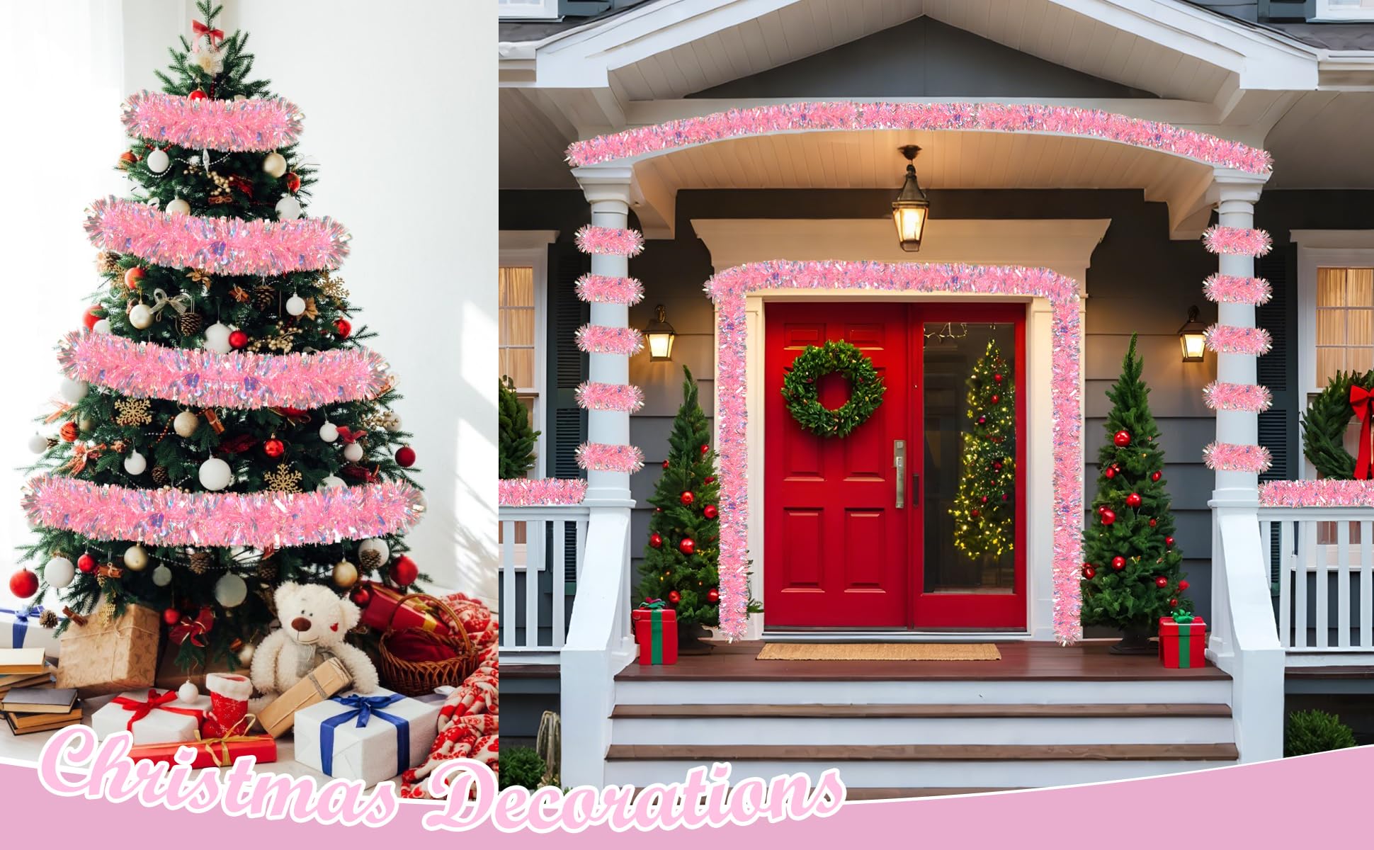 50Ft Pink Christmas Garland Decorations,Xams Tinsel Stems Non-Lit Soft Twist Garland Decor for Tree Stairs Railing Front Door Ma