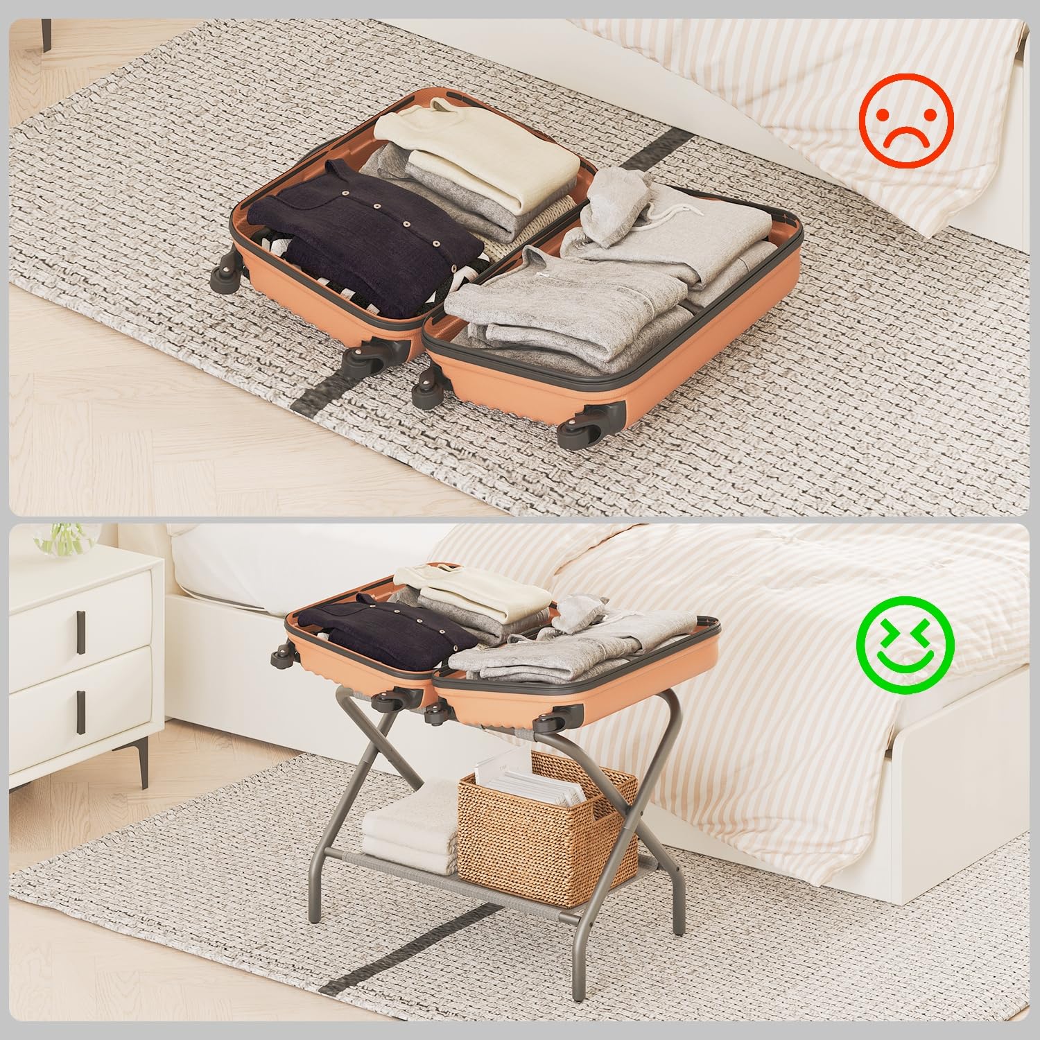 Smart Fendee Luggage Rack For Guest Room, Flat Folding Suitcase Stand With Fabric Shelf, Steel Portable Luggage Stand Bedroom, H