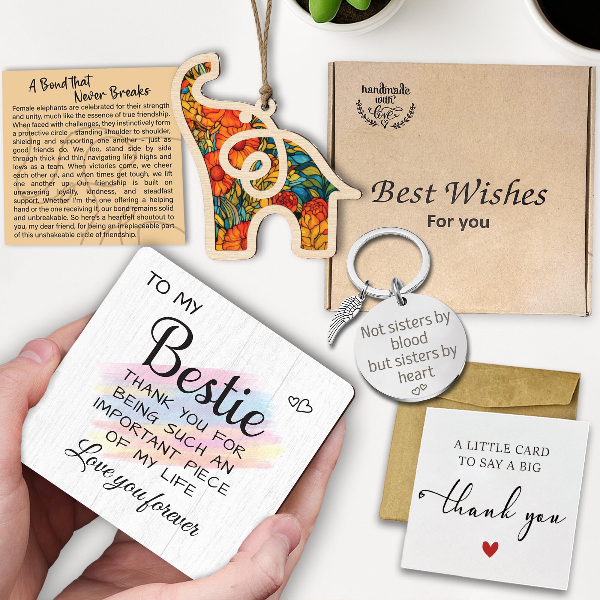 Friend Birthday Gift for Women, Bestie Appreciation Plaque, Friendship Elephant Suncatcher Ornament, Sisterhood Engraved Keychai