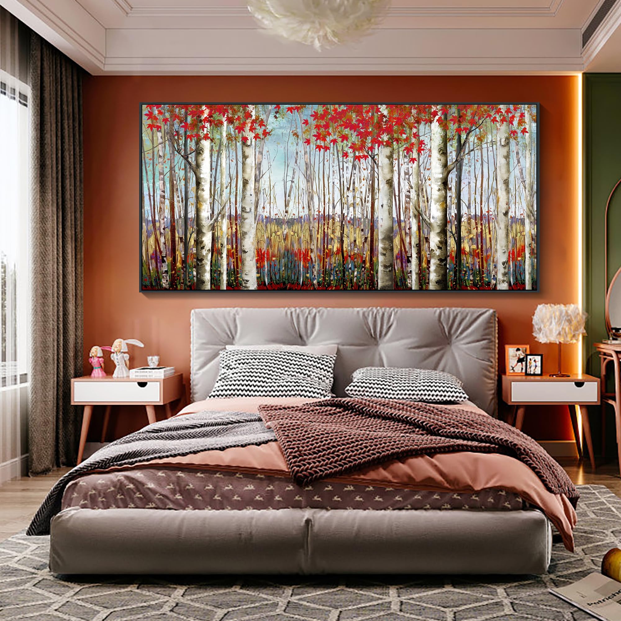 Mofutinpo Large Framed Wall Decor Canvas Red Leaves White Birch Tree Wall Art For Living Room Bedroom Rustic Kitchen Modern Pain