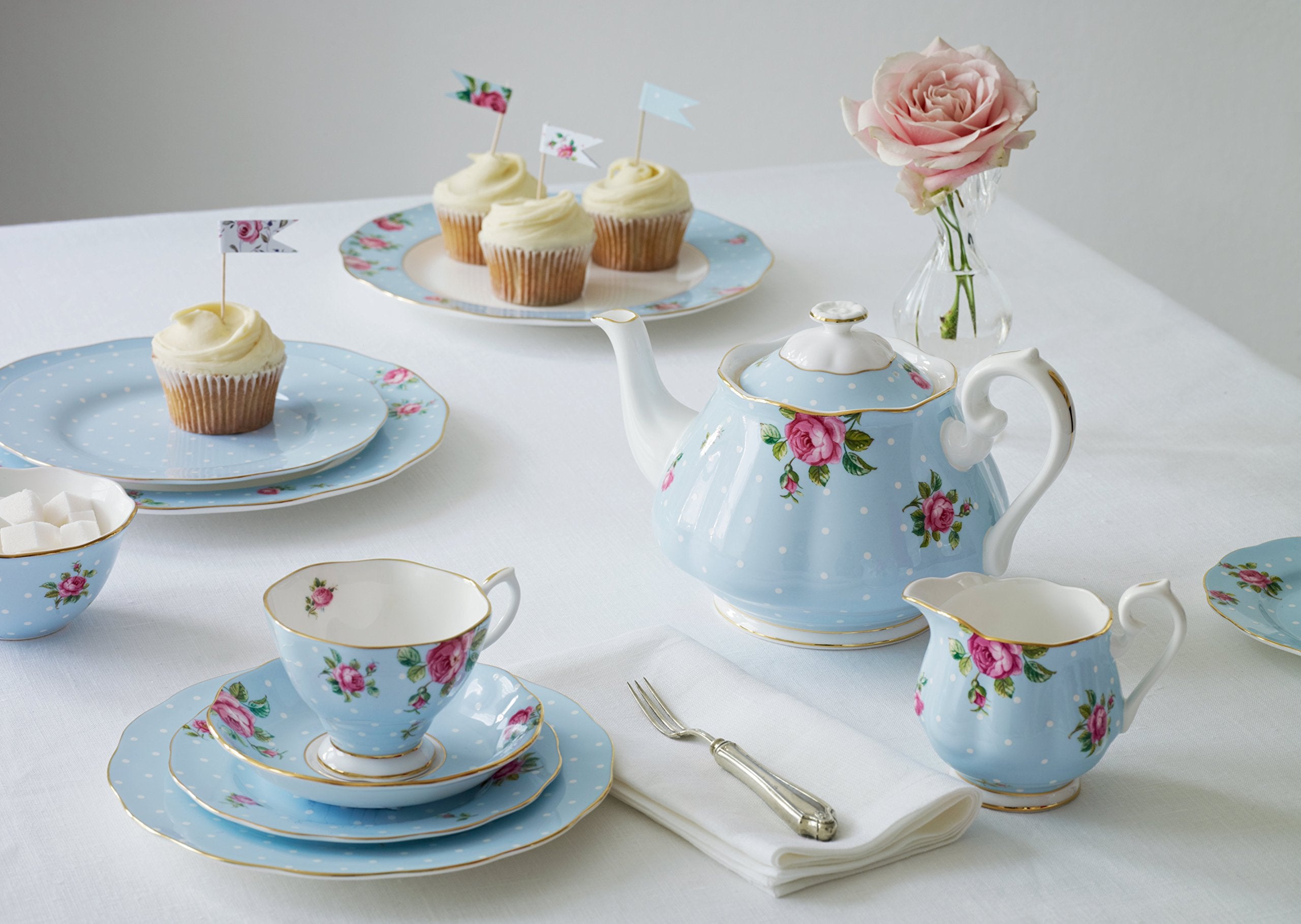 Royal Albert Polka 3-Piece (Teapot, Sugar & Creamer) Tea Set, Blue Multi