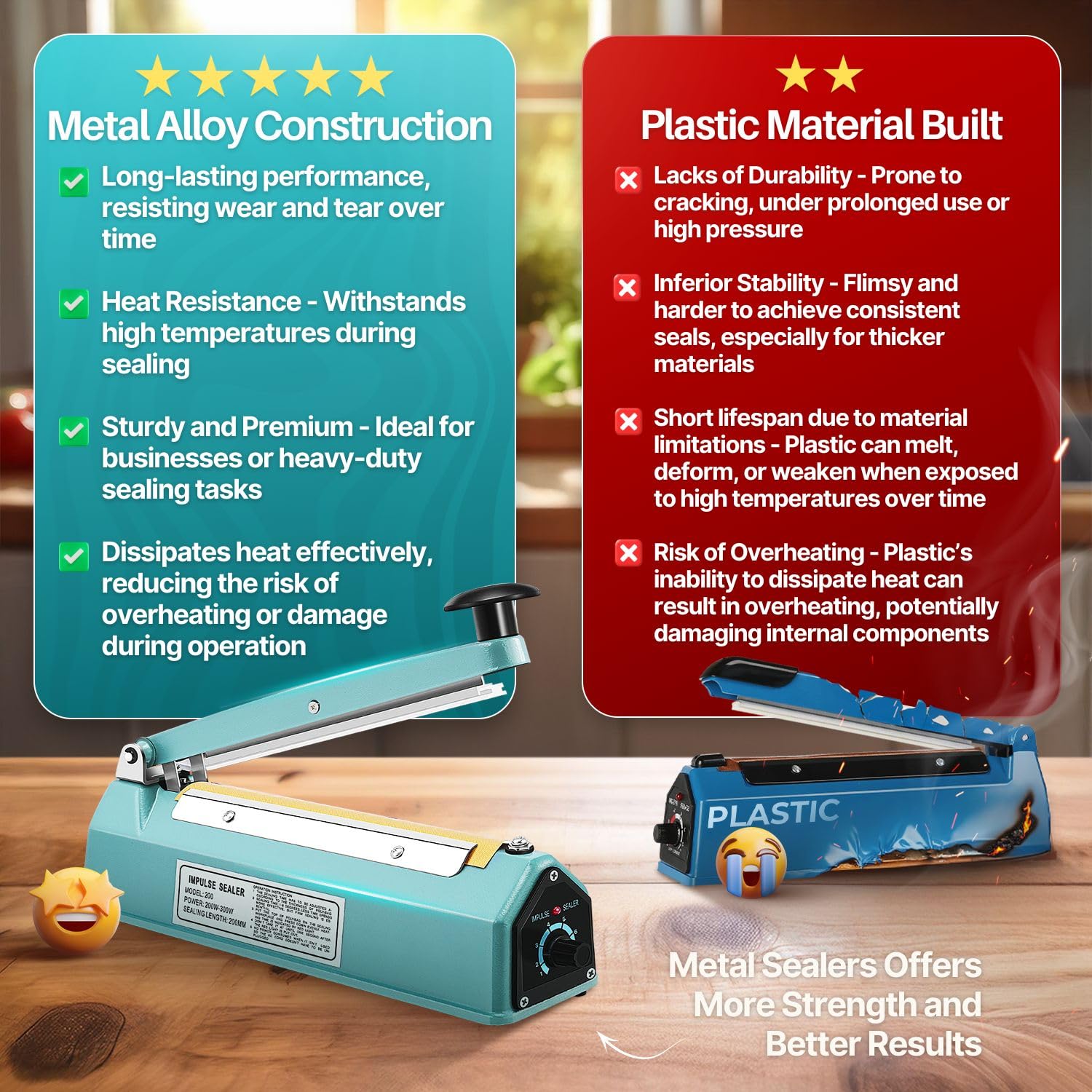 Flexzion Impulse Sealer 8 Inch (200mm) 300W Heat Sealer Machine with Adjustable Heating Mode  No Warm Up Needed  Portable Bag and Seal Impulse with Replacement Element Grip and Teflon Tape