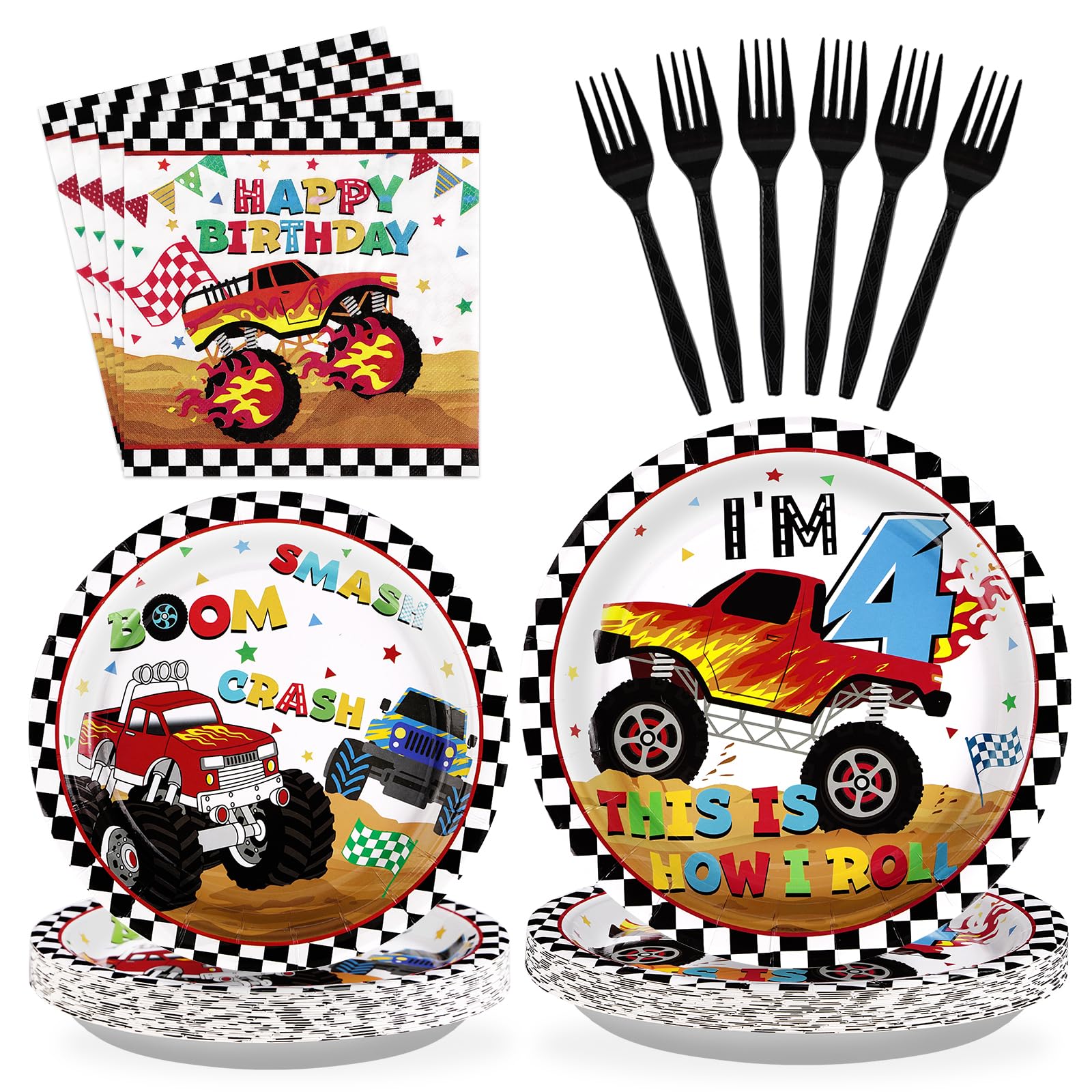 96 Pcs Monster Truck 4Th Birthday Party Supplies 350 Gsm Monster Truck Plates And Napkins Checkered Tableware Set Monster Birthd