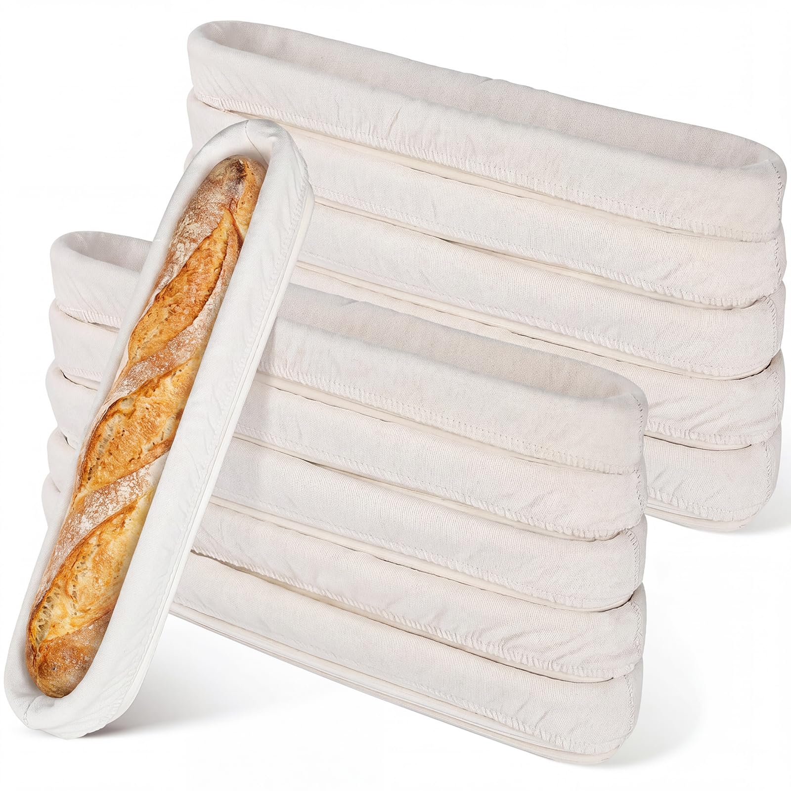 Vesici 15 Inches Baguette Banneton Proofing Basket 10 Pack with Linen Liner Baguette Banneton Bread Baking Baskets Rattan Dough 