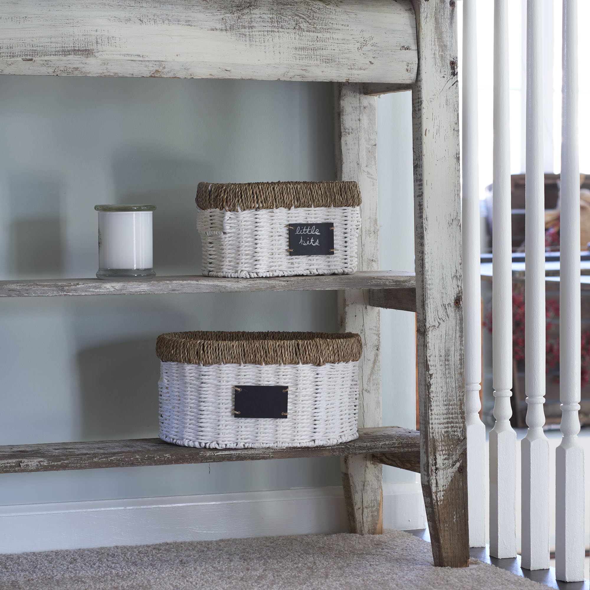 Household Essentials Natural Rim Oval Set Paper Rope And Seagrass (2 Piece) Small Wicker Basket, White