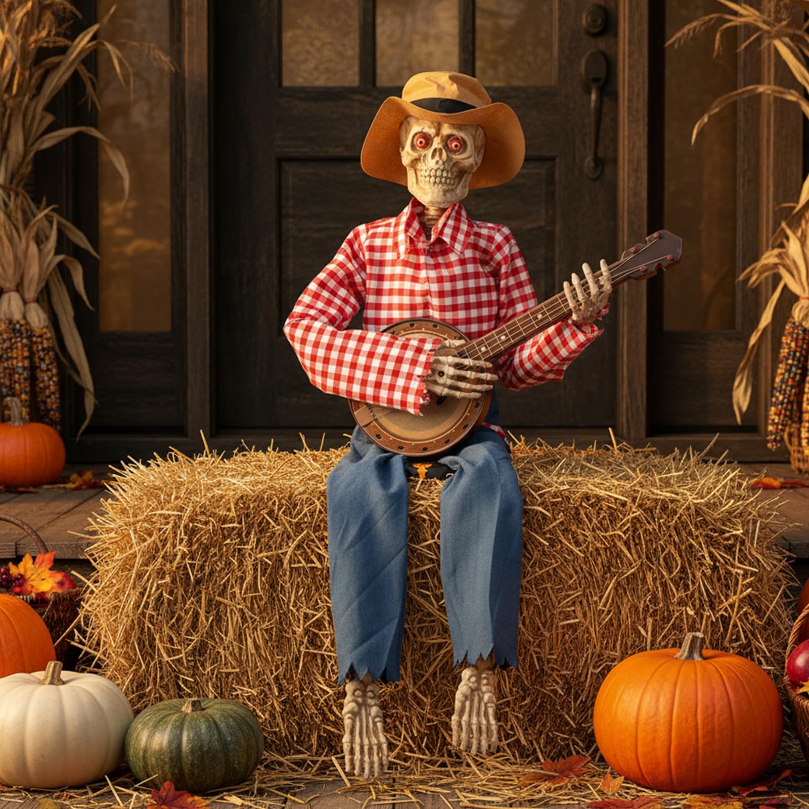 39 Fall Thanksgiving Banjo Playing Skeletons - Animated Scarecrow Decorations Autumn Harvest Day Gifts Halloween Fall Prop Decor