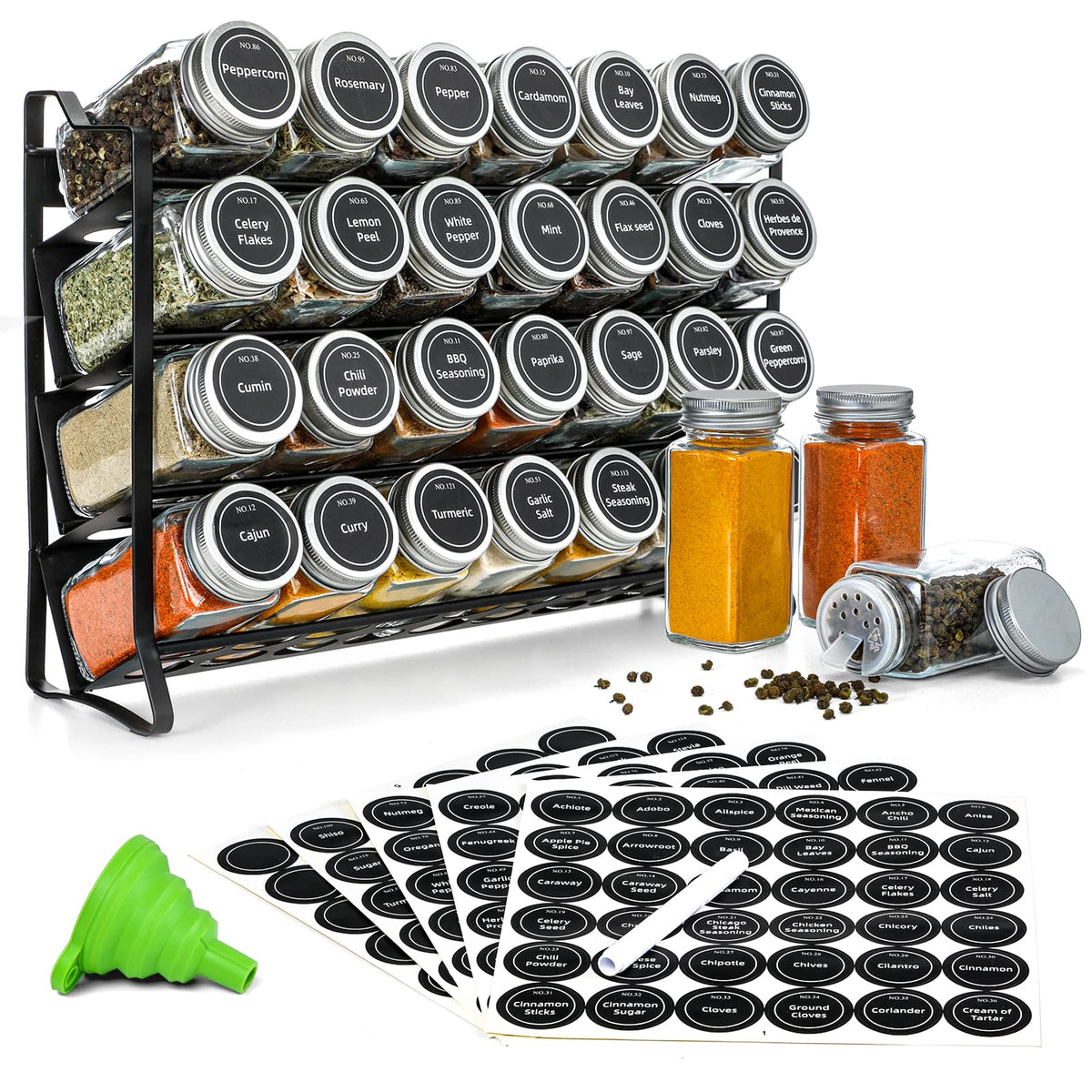 VITEVER Spice Rack with 28 Spice Jars, Organizer for Cabinet, Spice Jars with Labels, Chalk Marker and Funnel, 4 Tier, Counterto