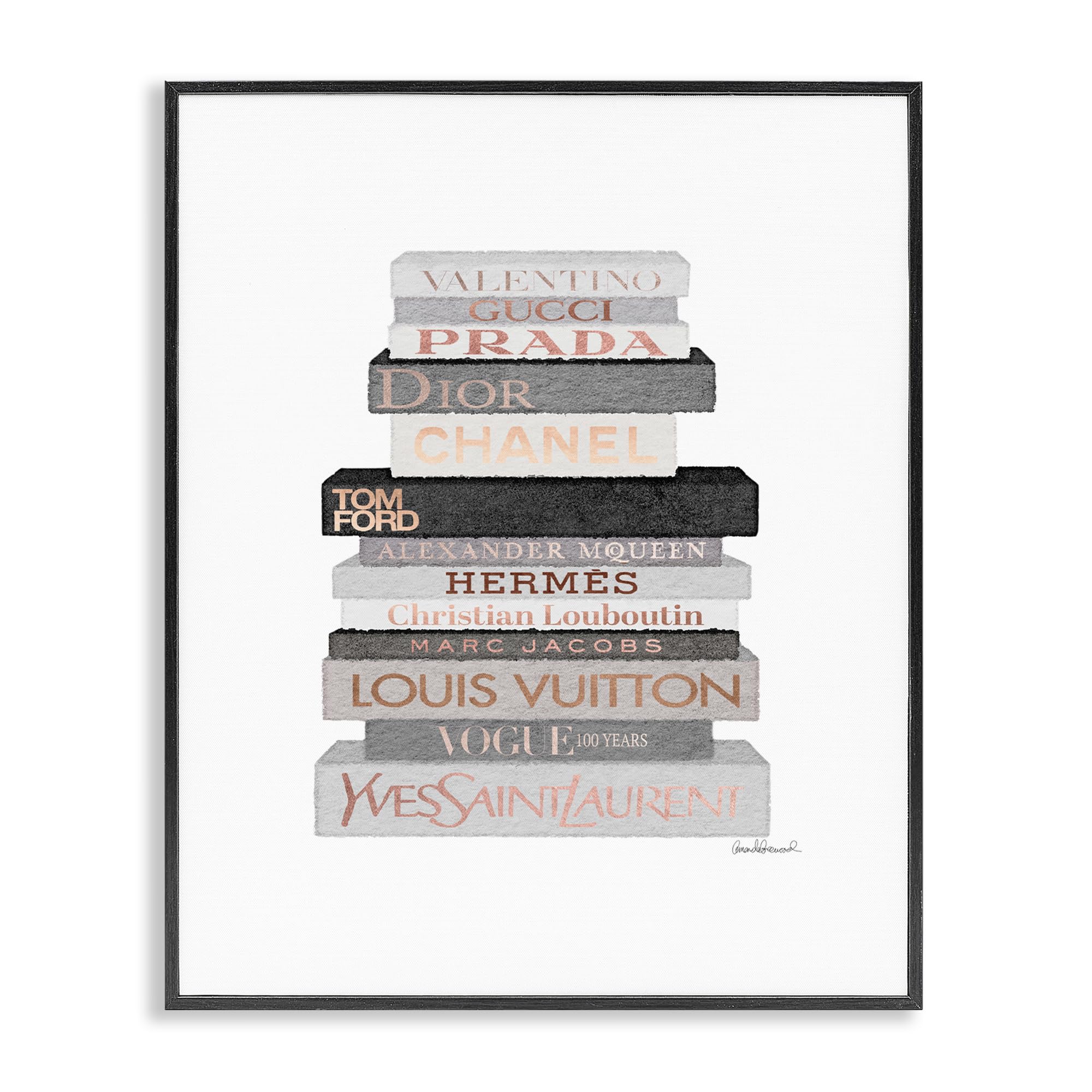 Stupell Industries USA Artist Amanda Greenwood - Grey & Peach Bookstack, Framed Giclee Art, Black, 24 x 30inches - Hanging Wal
