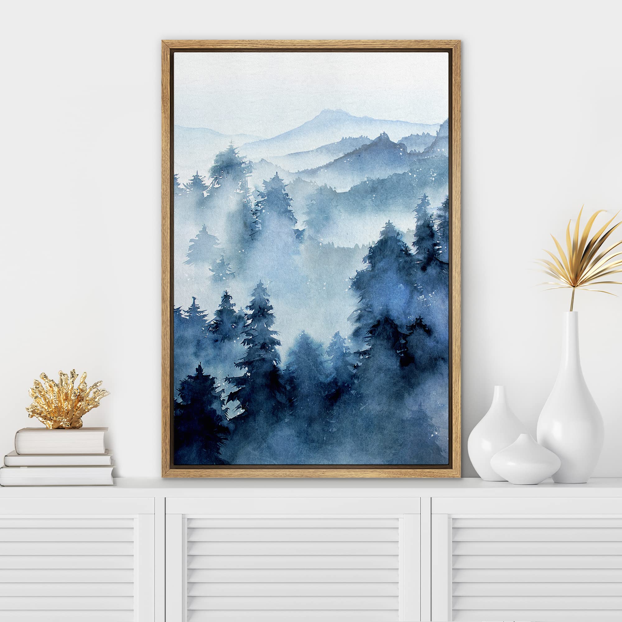 Signwin Framed Canvas Print Wall Art Woodland Nursery Decor Blue Winter Mist Pastel Mountain Forest Nature Modern Art Decorative