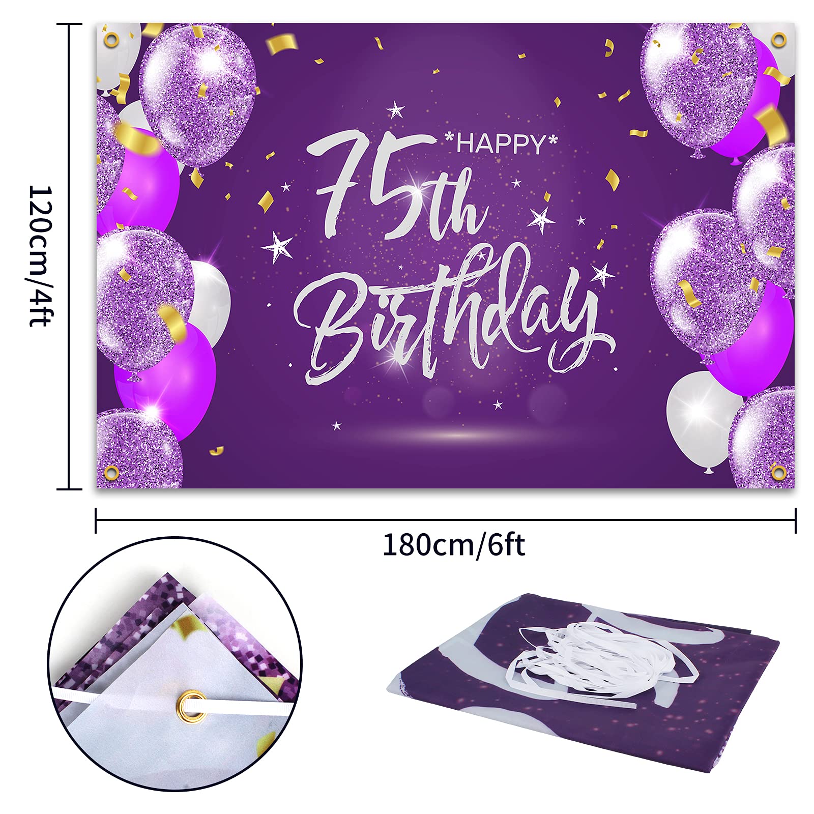 Hamigar 6X4Ft Happy 75Th Birthday Banner Backdrop - 75 Years Old Birthday Decorations Party Supplies For Women - Purple