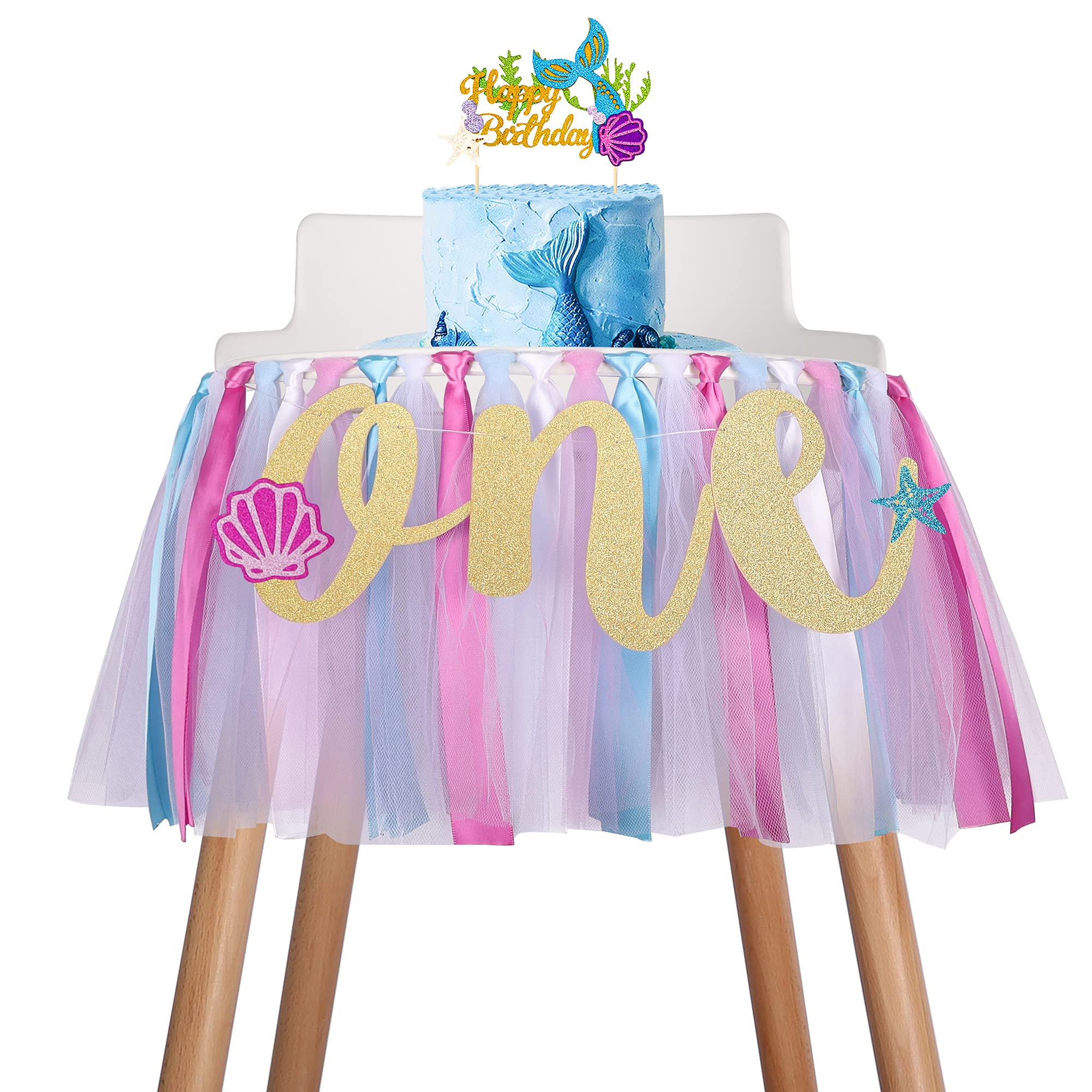 Mermaid Princess Highchair Banner For Baby - First 1St Birthday Tutu Decoration Photo Props, Blue Purple White, High Chair Garla