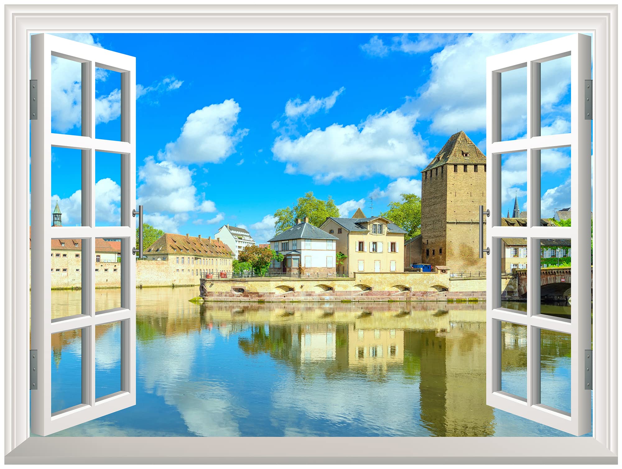 Wall26 Removable Wall Sticker/Wall Mural - Peaceful River In A Quiet Town | Creative Window View Wall Decor - 24 Inchx32 Inch