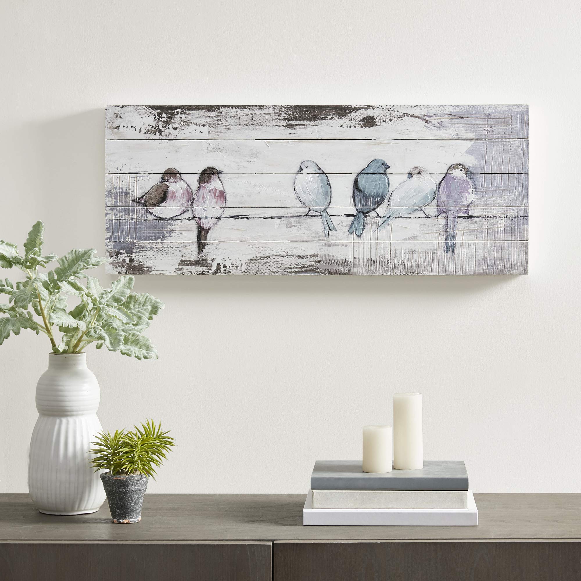 Madison Park Perched Birds Wall Art Living Room D  cor - Hand Painted Wood Plank, Home Accent Farmhouse Bathroom Decoration Whit