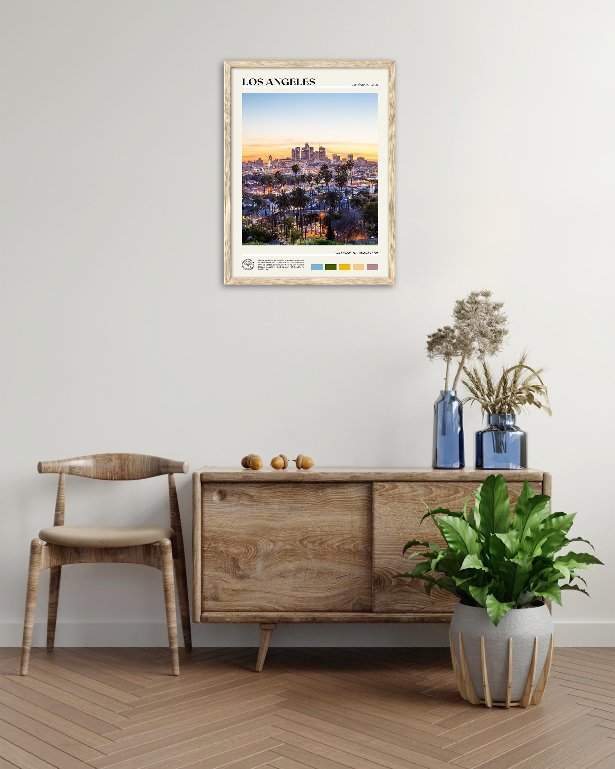 Hesendot Natural Oak Wood Los Angeles Cityscape Framed Wall Art,12X16In City Skyline Canvas Wall Print,Modern Urban Landmark Wal