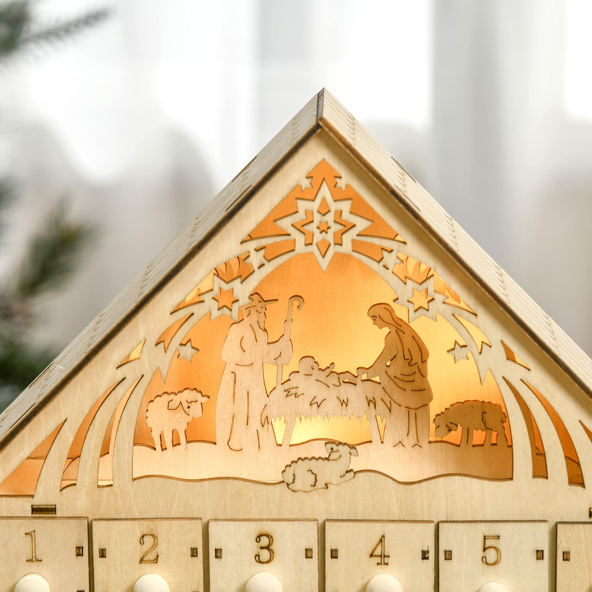 HOMCOM Christmas Advent Calendar, Light Up Manger Scene Tabletop Xmas Wooden House Holiday Decoration with Countdown Drawer, Bib