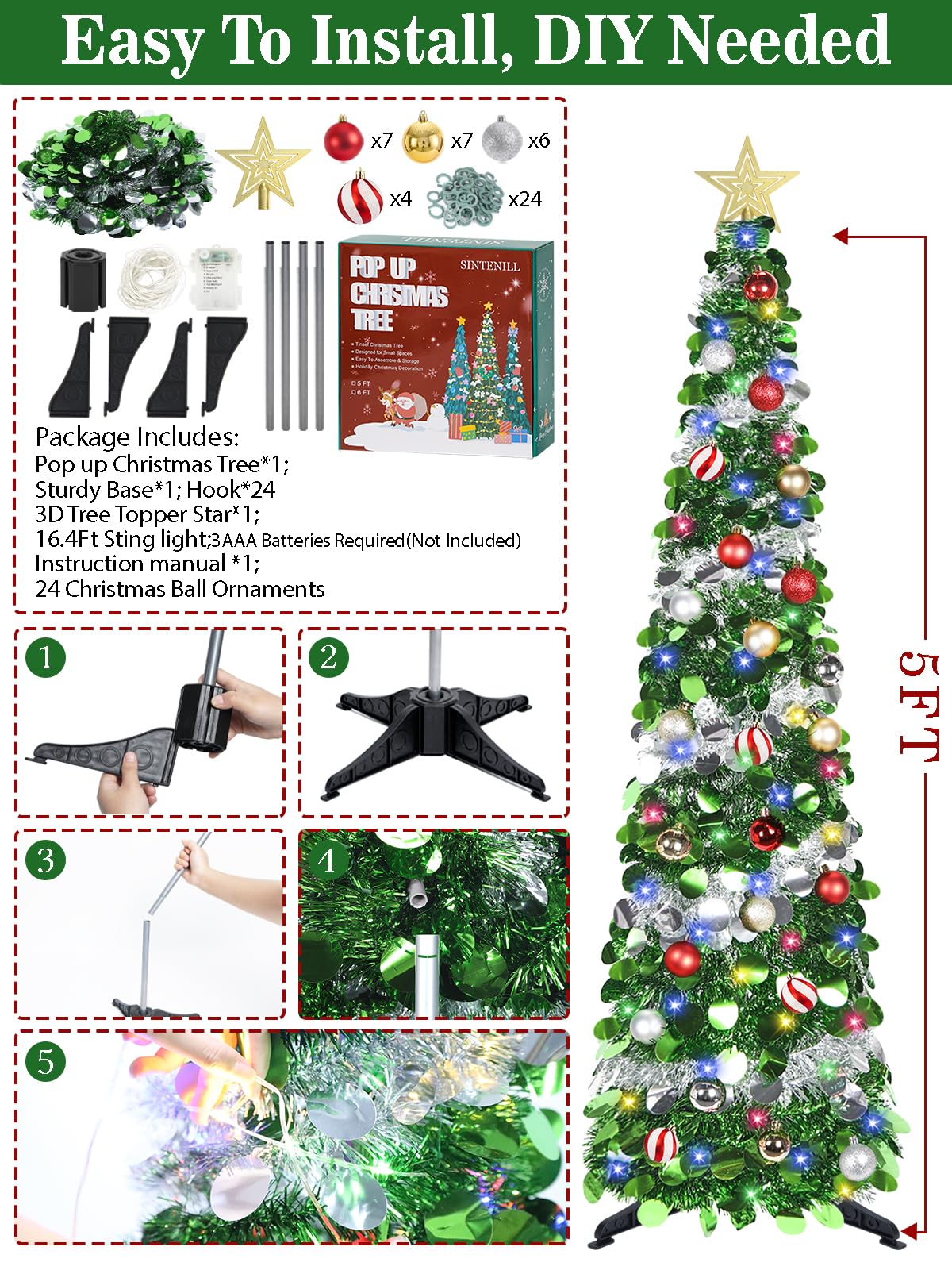 SINTENILL 5 FT Pop Up Christmas Tree with Timer Lights and Decorations, Green Artificial Tinsel Christmas Tree with 24 Ball Orna