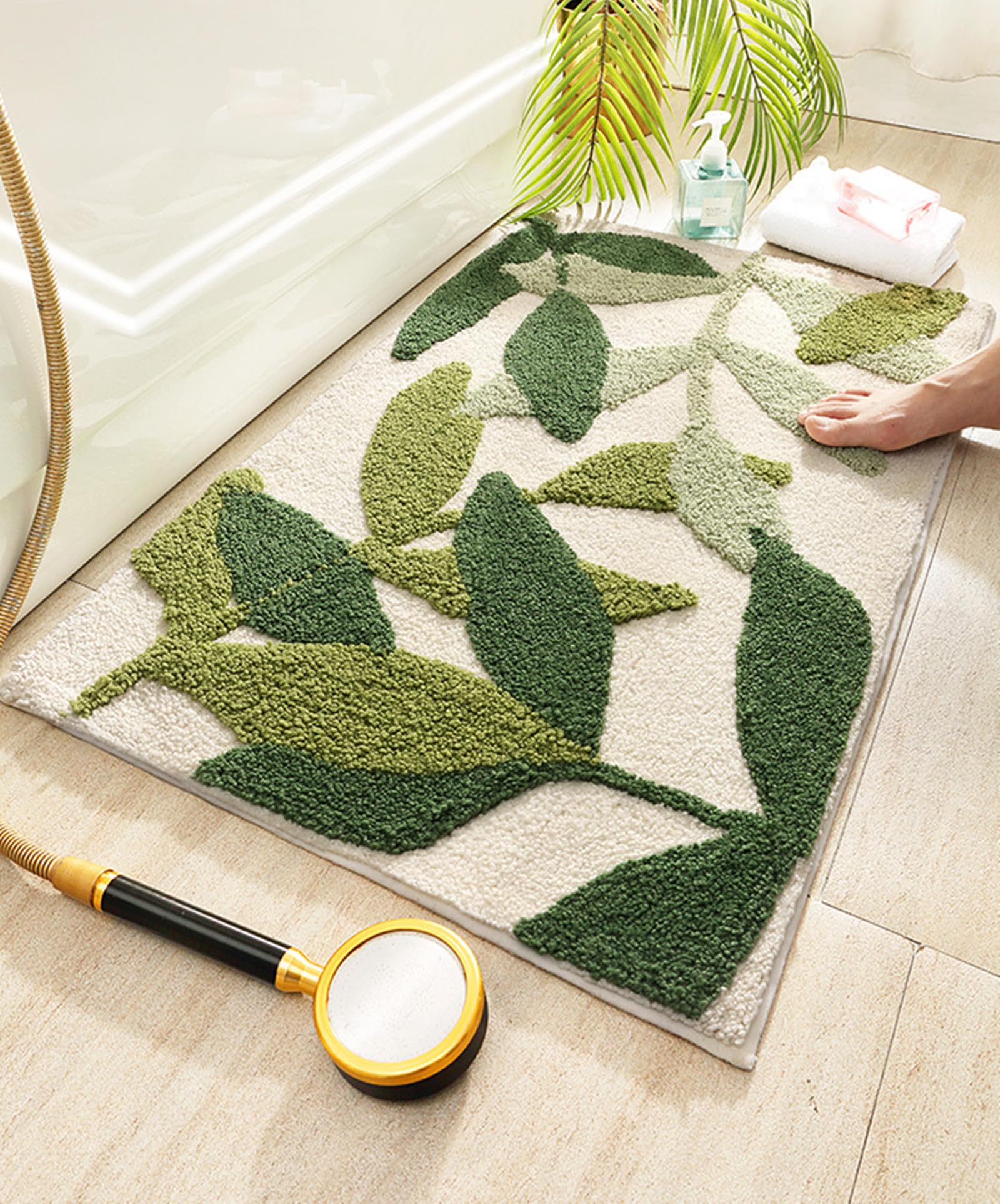 Zgxl Bath Mat Leaves Green Area Rug Non-Slip Soft Absorbent Bathroom Rugs Machine Washable Bath Rug Floor Carpet Entryway Door M