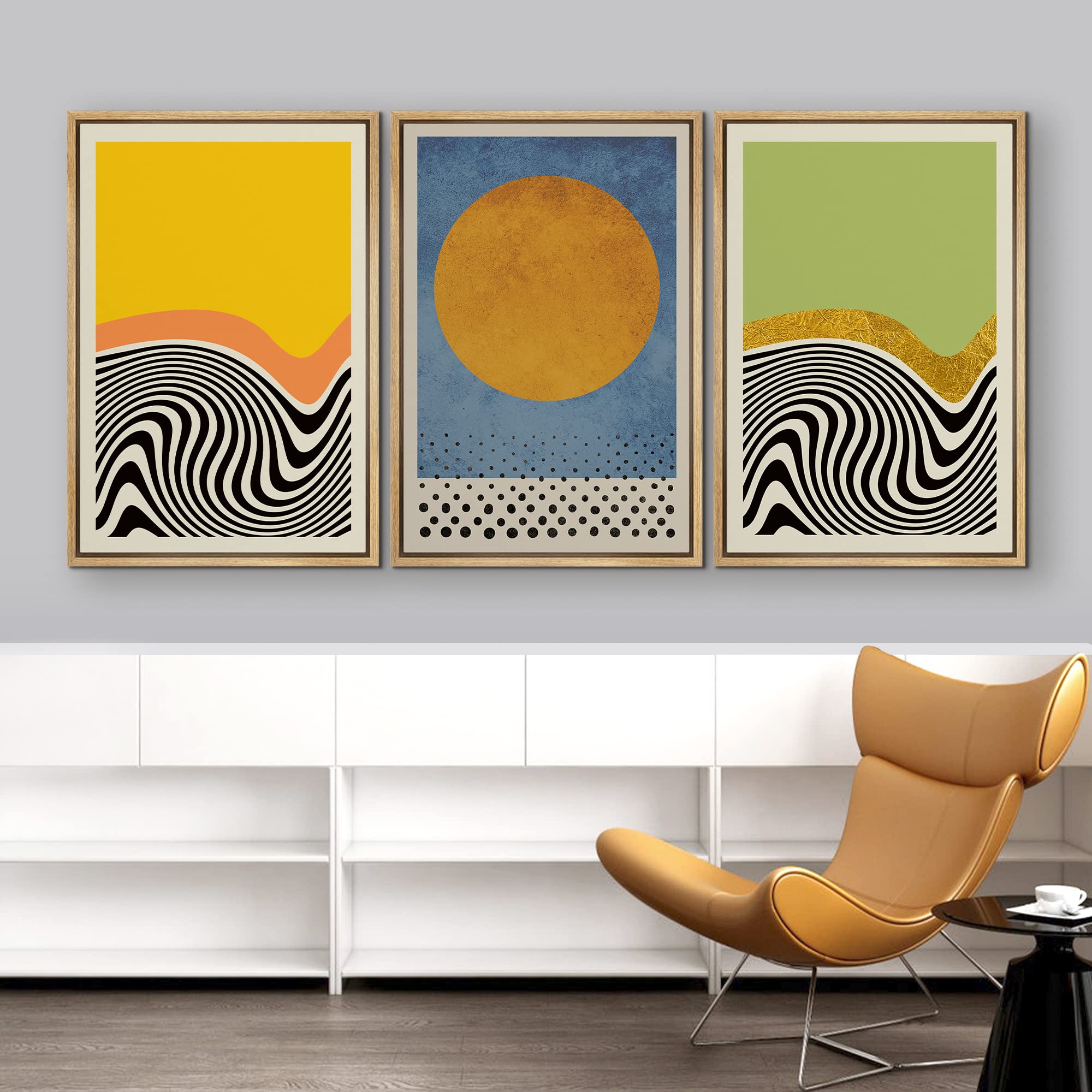 Idea4Wall Framed Canvas Print Wall Art Set Vibrant Neon Mid-Century Color Block Mosaic Abstract Shapes Illustrations Bohemian De