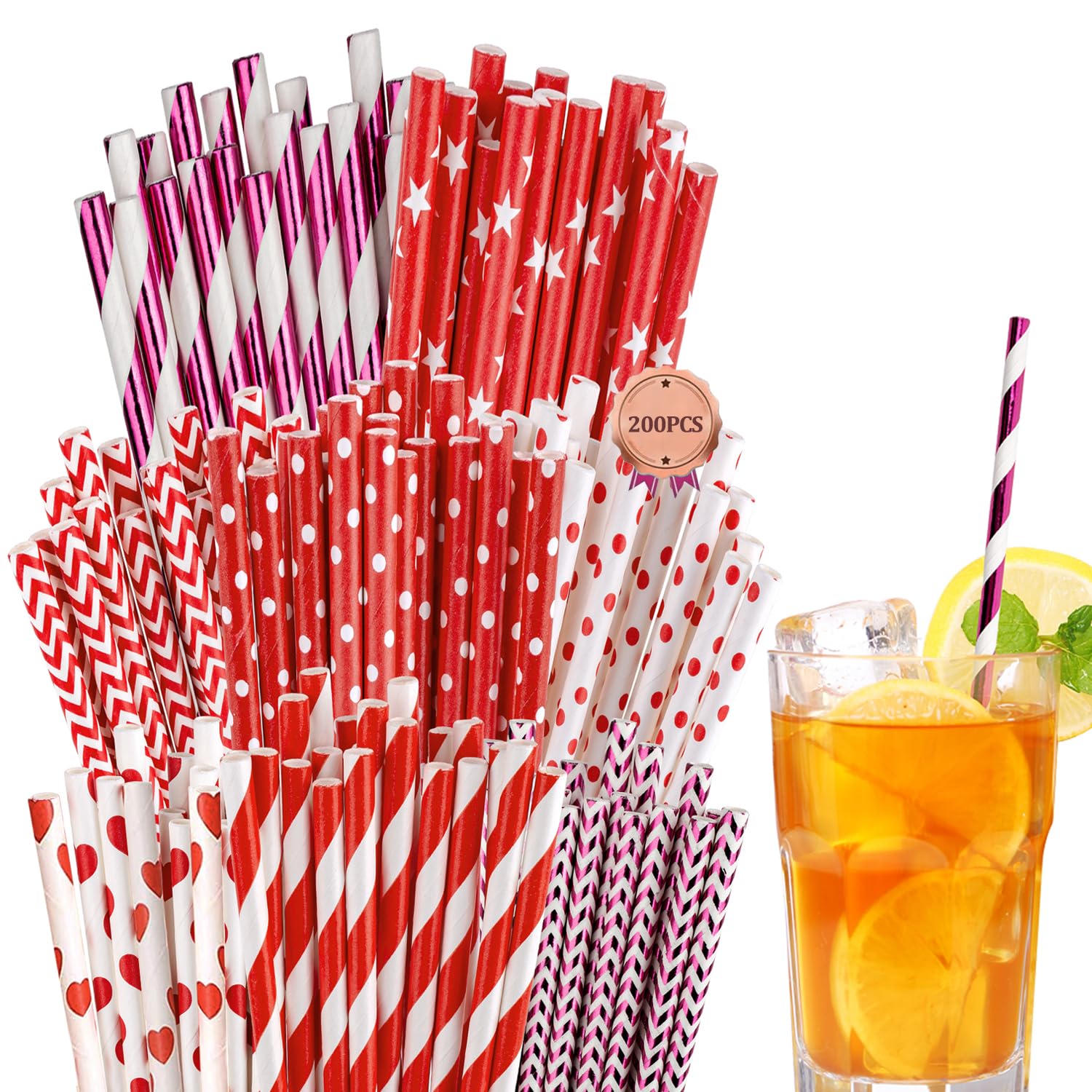 [200 Pack] Paktalk Valentine Paper Straws, 8 Assorted Red White Paper Straws With Strips Dots Waves Stars Metallic Rose Gold Pap