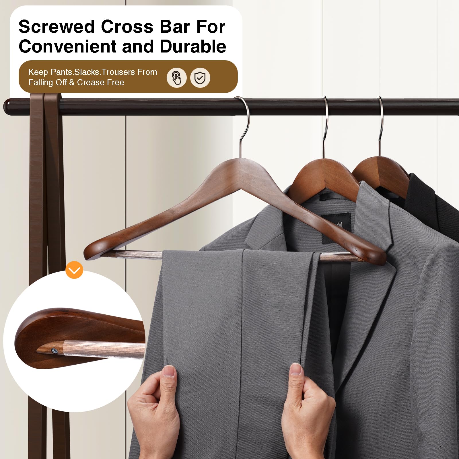 Ulimart Wooden Hangers 6 Pack,Wide Shoulder Suit Hangers,Solid Wood Coat Hangers With Heavy Duty Retotating Hooks & Non Slip Pan