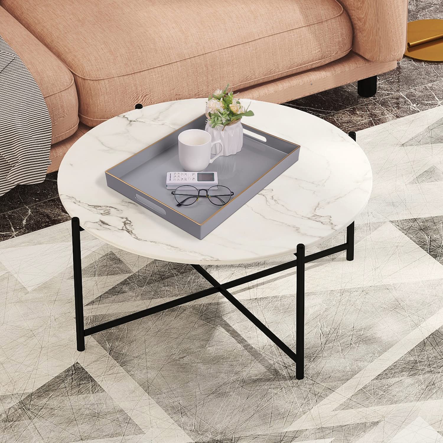 MAONAME Gray Serving Tray with Handles  Rectangular Decorative Tray  Modern Coffee Table Tray  Plastic Ottoman Tray for Bathroom  Decor  15.7