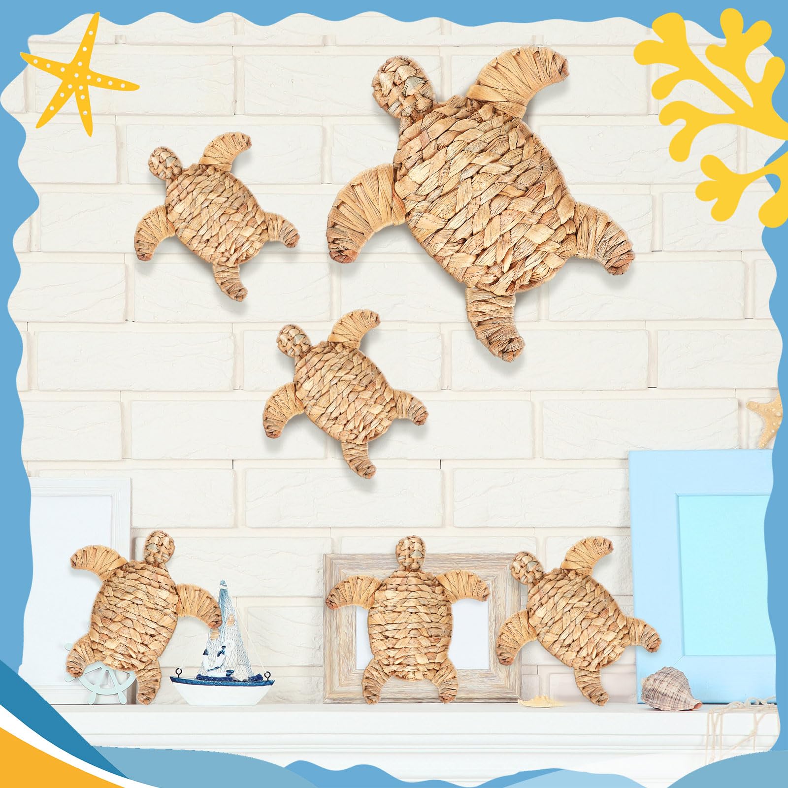 Threehoney 6 Pcs Boho Beach Christmas Decor Handmade Coastal Wicker Sea Turtle Wall Decor Sea Life Hanging Wall Art Nautical Scu