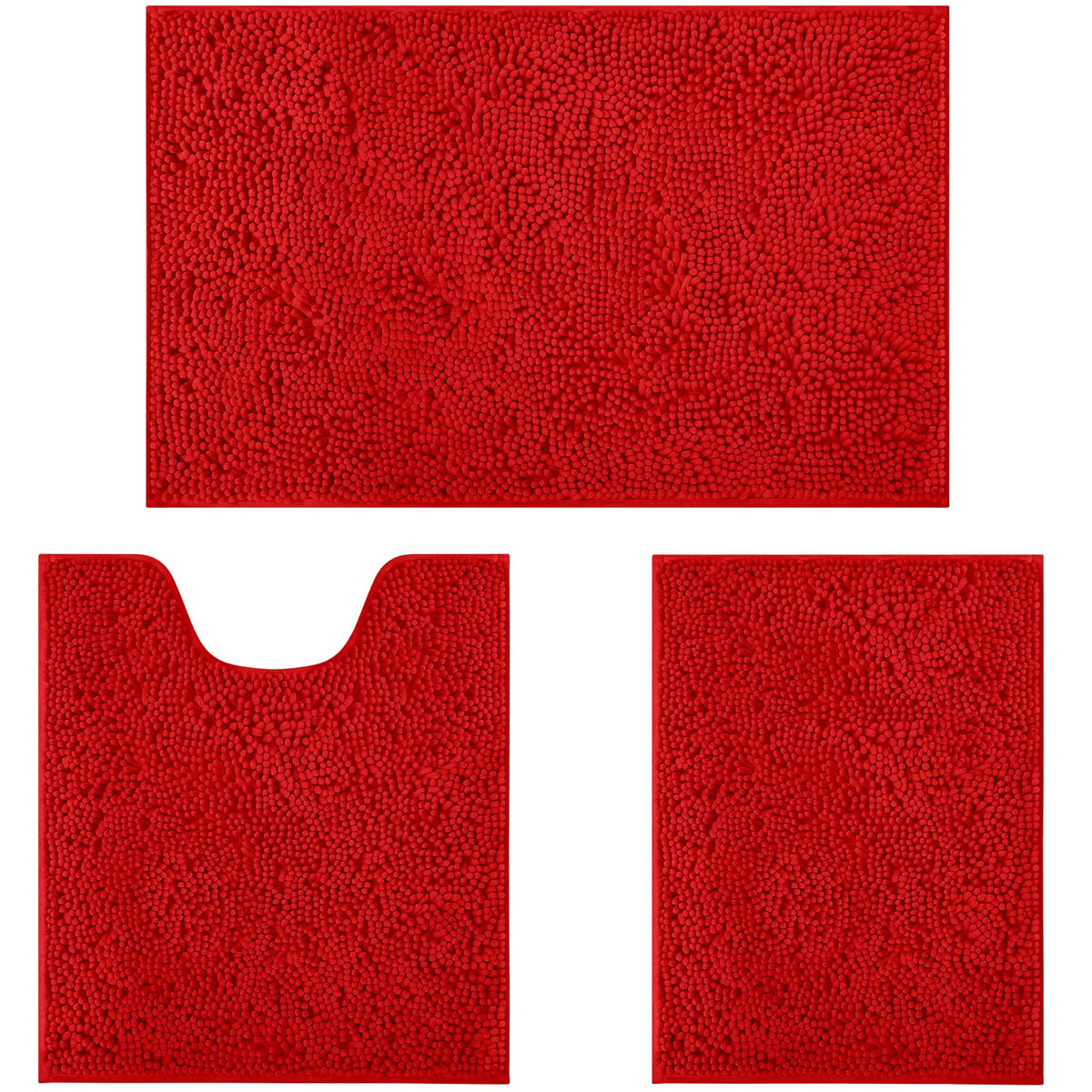 Homeideas 3 Pieces Bathroom Rugs, Ultra Soft Non Slip Absorbent Chenille Toilet Bath Mat Set (Red)