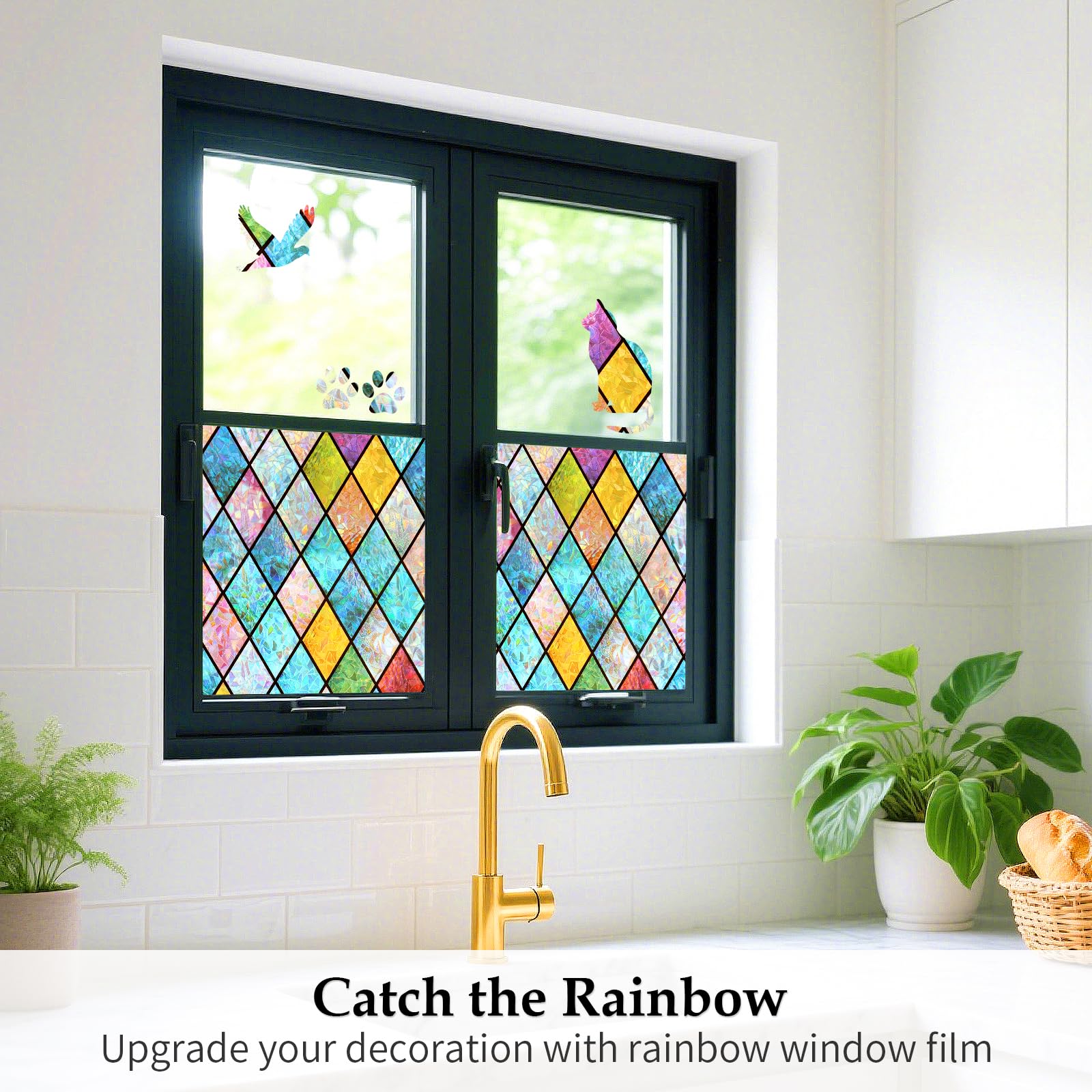 WPCTEV 3D Window Film No Glue Privacy for Glass Sticker Static Cling Heat Control Anti UV Non-Adhesive Decorative Rhombus 17.5 I