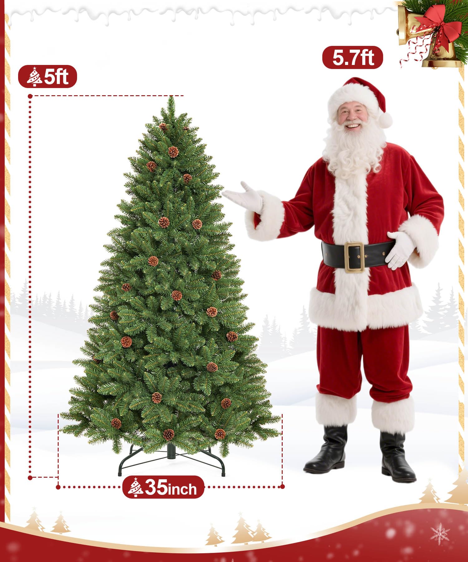 Decoway 5FT Artificial Christmas Tree: Unlit Green Xmas Pine with Pinecones and Metal Stand for Indoor - Holiday Decoration for