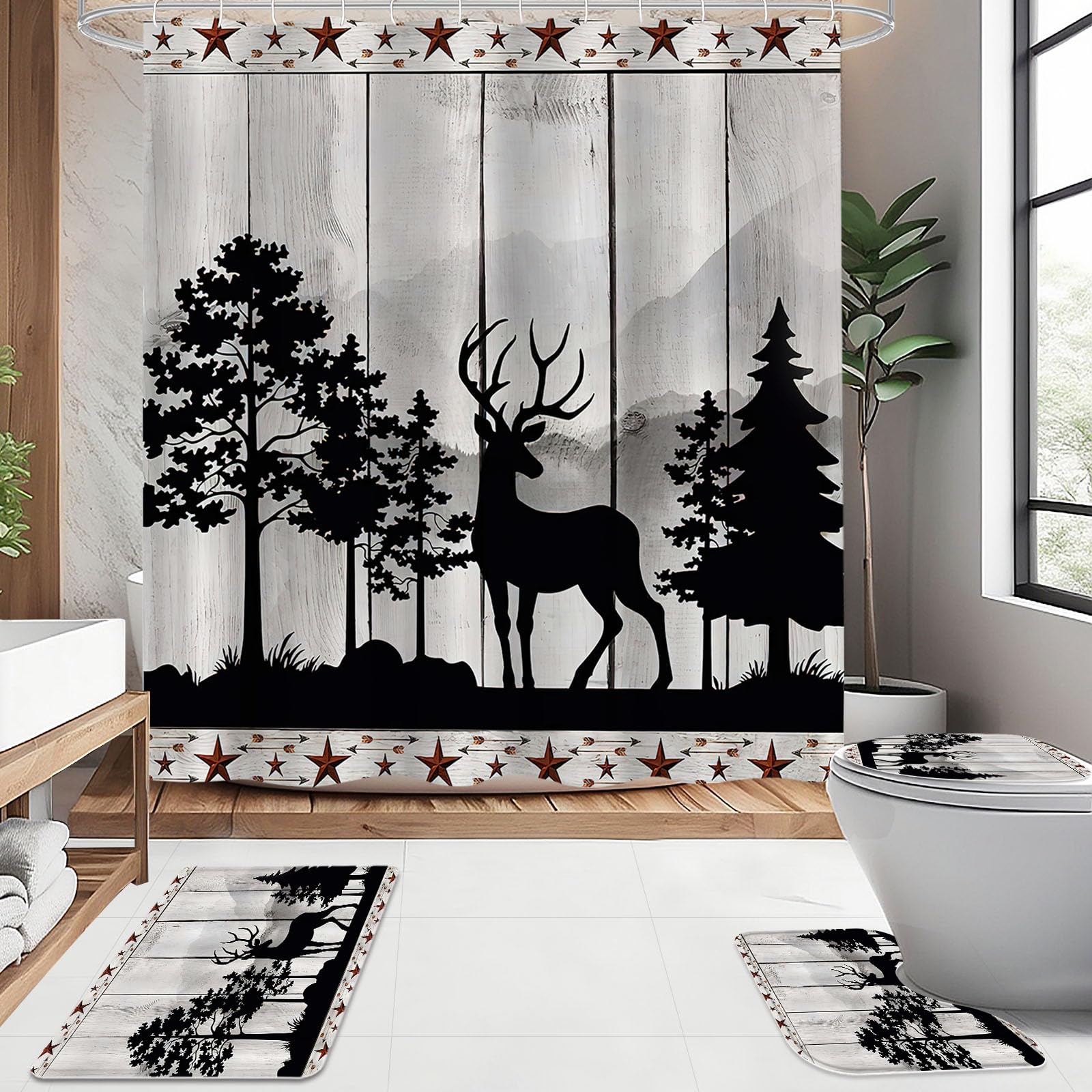 Litabel 4 Pcs Rustic Forest Deer Shower Curtain Set With Non-Slip Rugs, Toilet Lid Cover And Bath Mat, Wooden Country Bathroom D