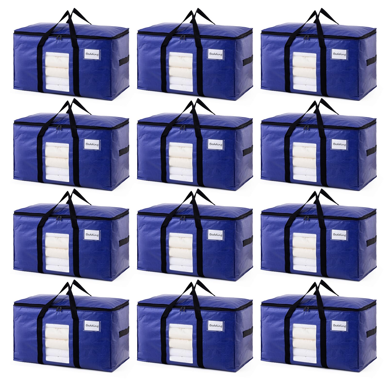 TAILI 12 Pack Dark Blue Extra Large Moving Bags, Heavy Duty Totes with Visible Window, Wrap Around Handles, Great for Space-Savi