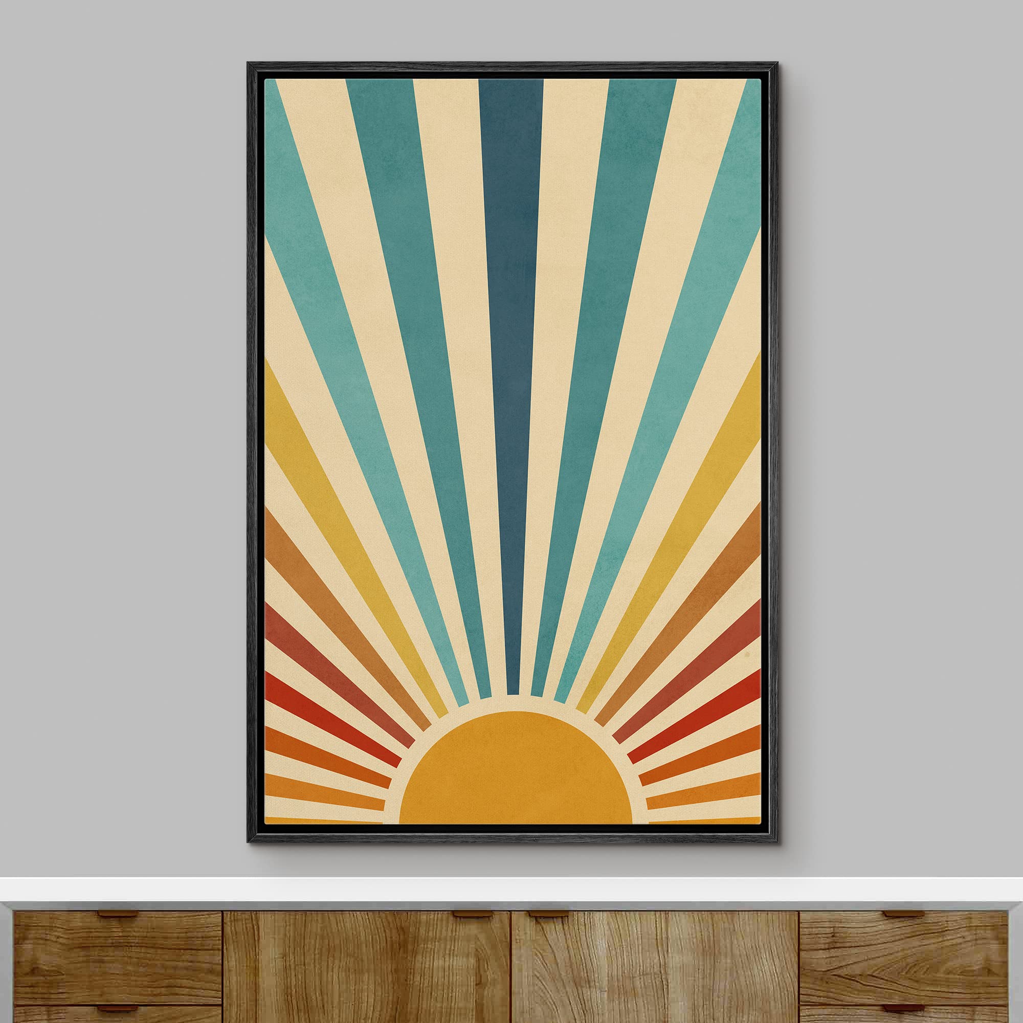 Ashbrook Framed Canvas Print Wall Art Sun With Blue, Red And Yellow Sunlight Rays Nature Wilderness Illustrations Modern Rustic