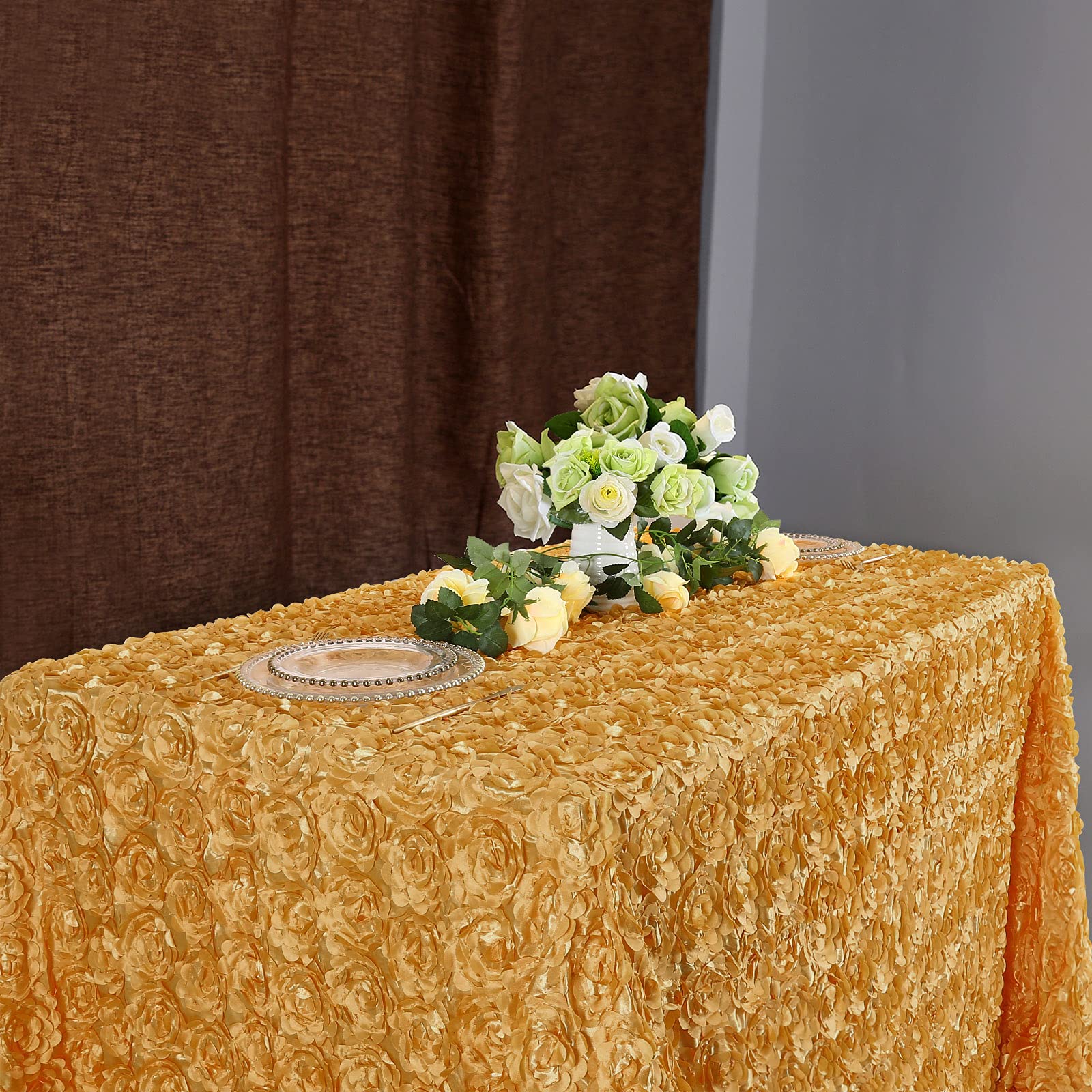 Fanqisi Gold Rosettes Tablecloth 50X80 Inches Gold Satin Table Cover For Party Wedding Baby Shower Event Table Decoration