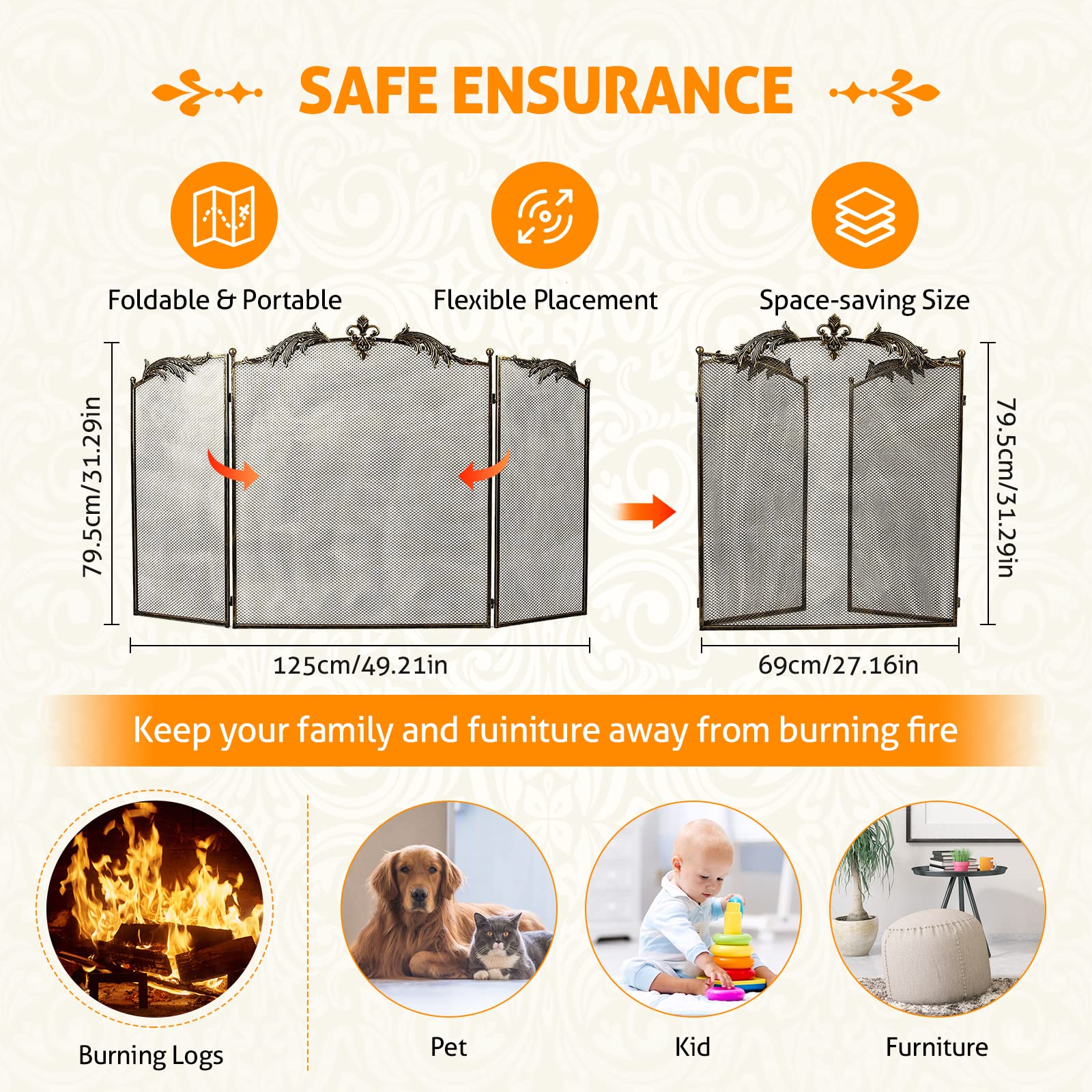 Wichemi Fireplace Screen 3 Panel Folding Fireplace Screens 50.4 X 32.3 Inch Metal Furnace Fireguards Mesh Cover Baby Safe Proof