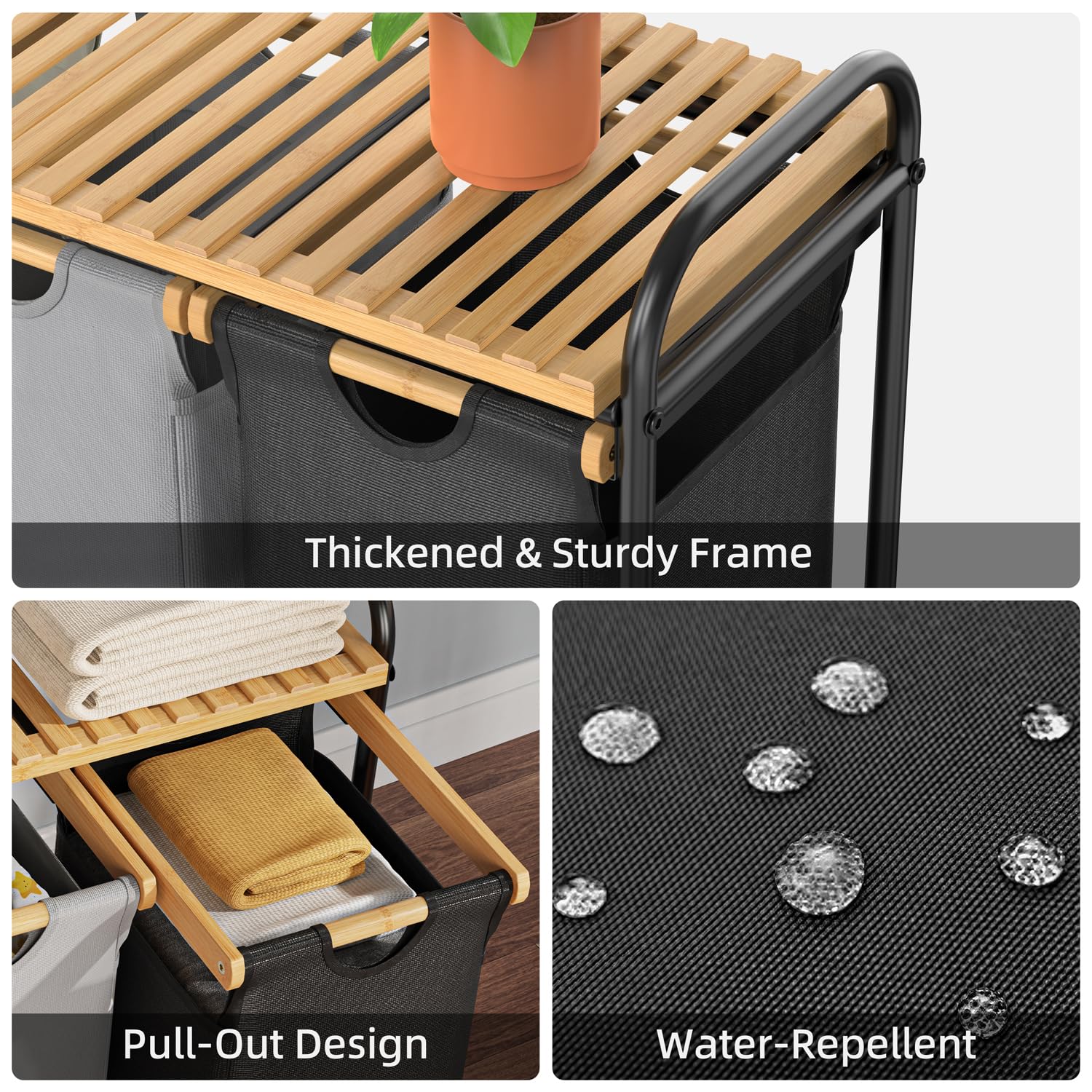 Laundry Hampers 3 Section, Laundry Sorter With Removable Shelf And Pull-Out Bags, Clothes Hampers With Wheels Rolling Cart Baske