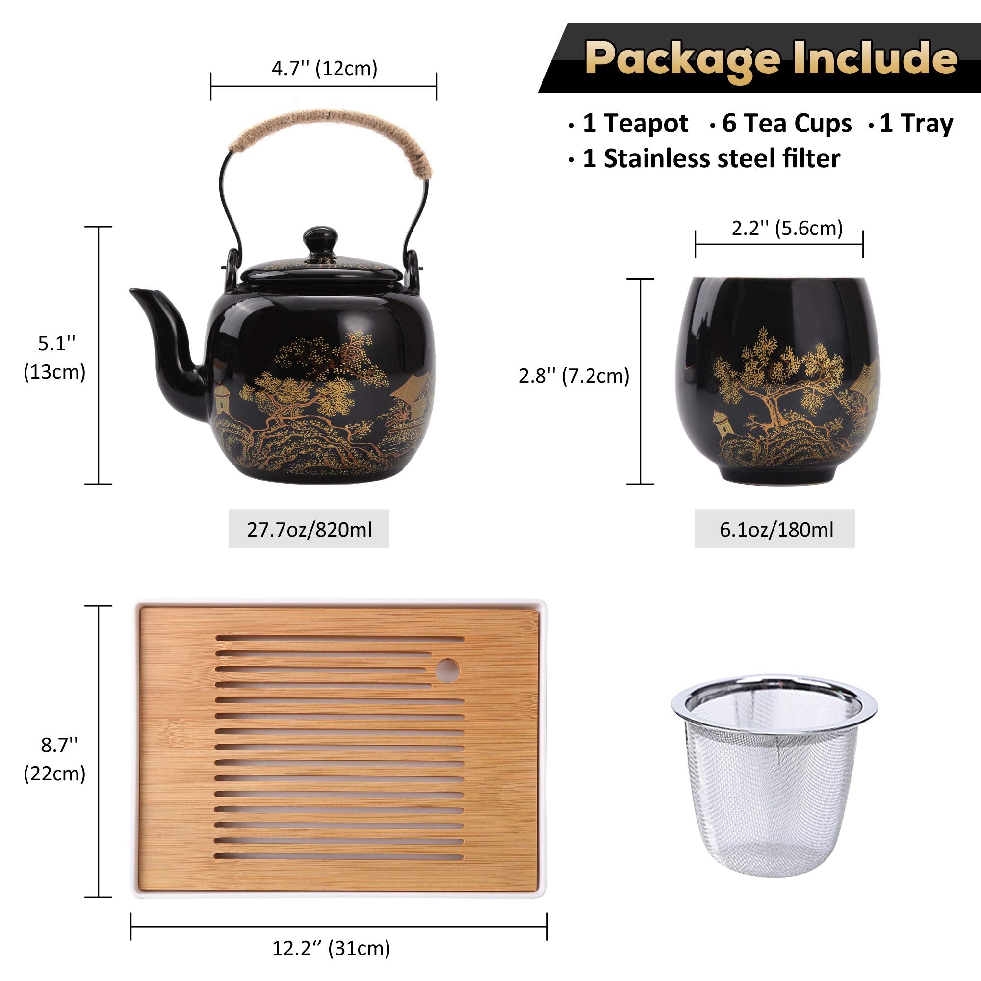 Dujust Japanese Beautiful Asian Porcelain Tea Set, Black With 1 Teapot, 6 Tea Cups, 1 Tea Tray, 1 Stainless Infuser For Adults,