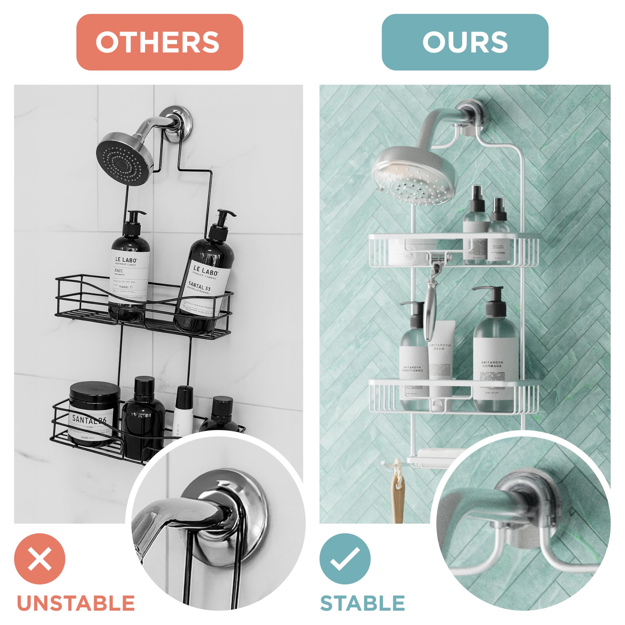 Zenna Home Hanging Shower Caddy  Over the Shower Head Bathroom Storage  Rustproof  No Drilling  Bath Organizer with 2 Shelves  Soap Tray  Razor Holders and Hooks  Satin Chrome