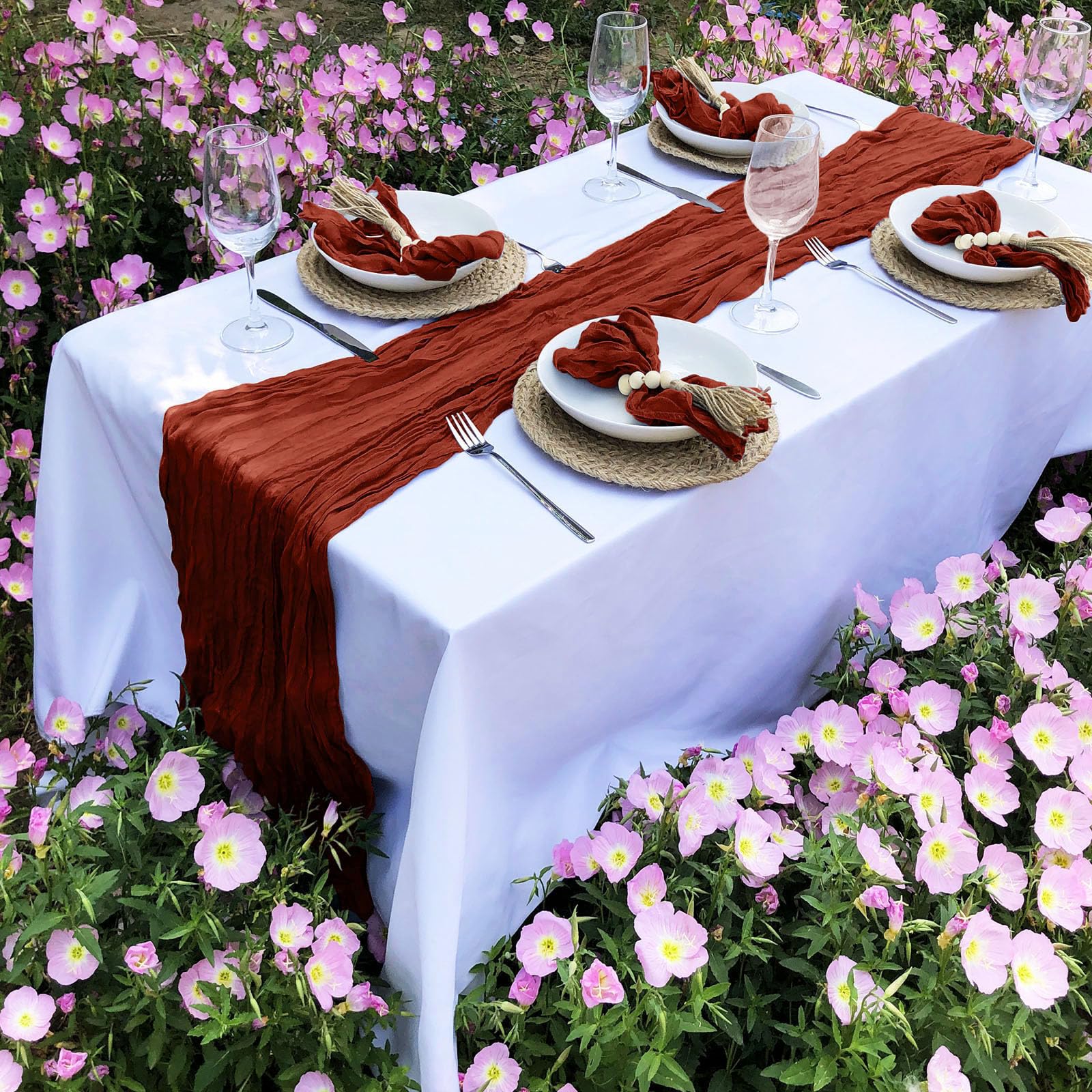 Fusenyuan Terracotta Cheesecloth Table Runner 10Ft +6 Napkins +6 Wood Bead Tassel Napkin Rings (120'' X 35'' ) Rustic Gauze Shee
