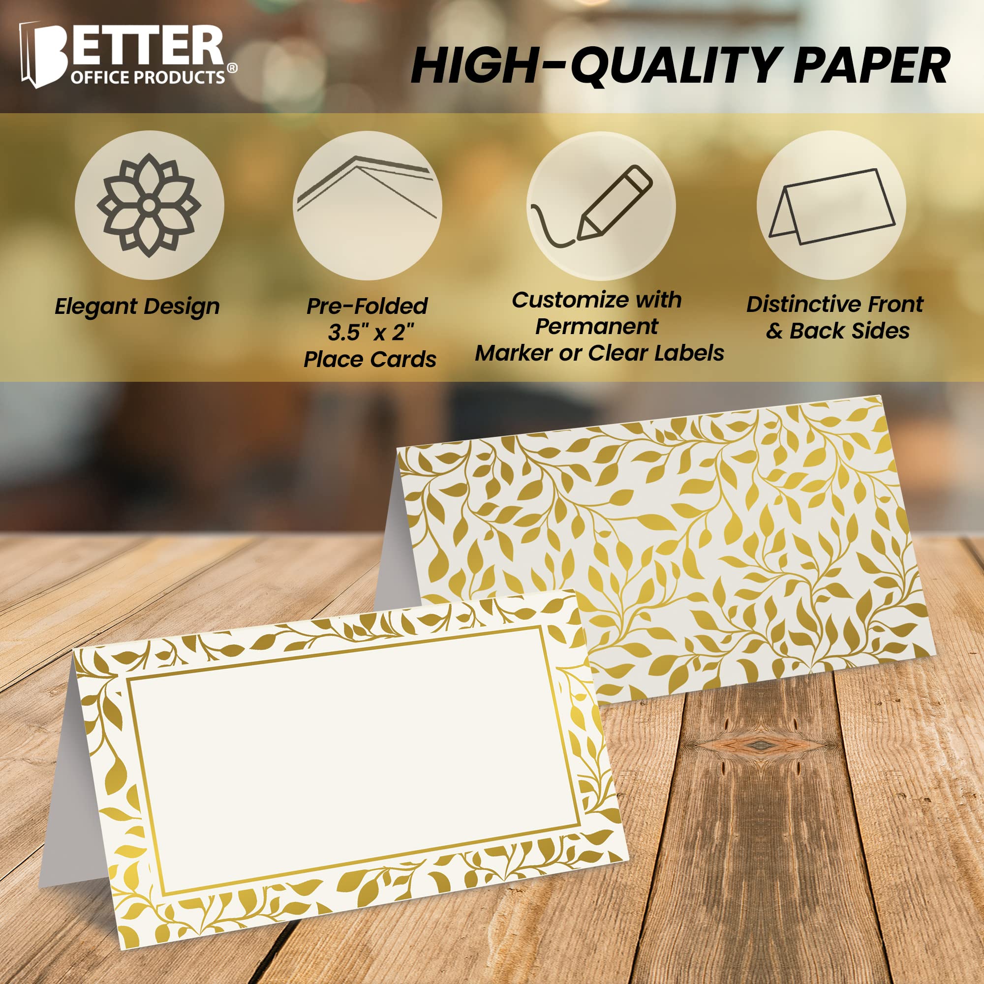 Better Office Products 100 Pack Place Cards, 2 X 3.5 In, White With Metallic Gold Leaf Foil Border, Folded Table Tent Cards For