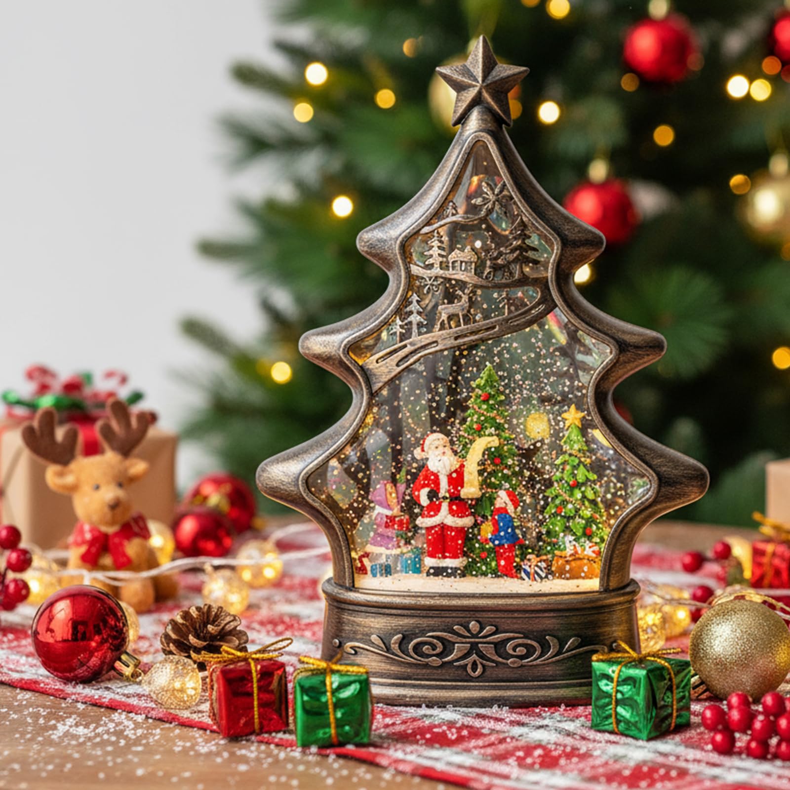 Christmas Snow Globe Lantern Water Glittering Santa s List with Music& Timer, USB Lined/Battery Operated Lighted Lantern for Chr